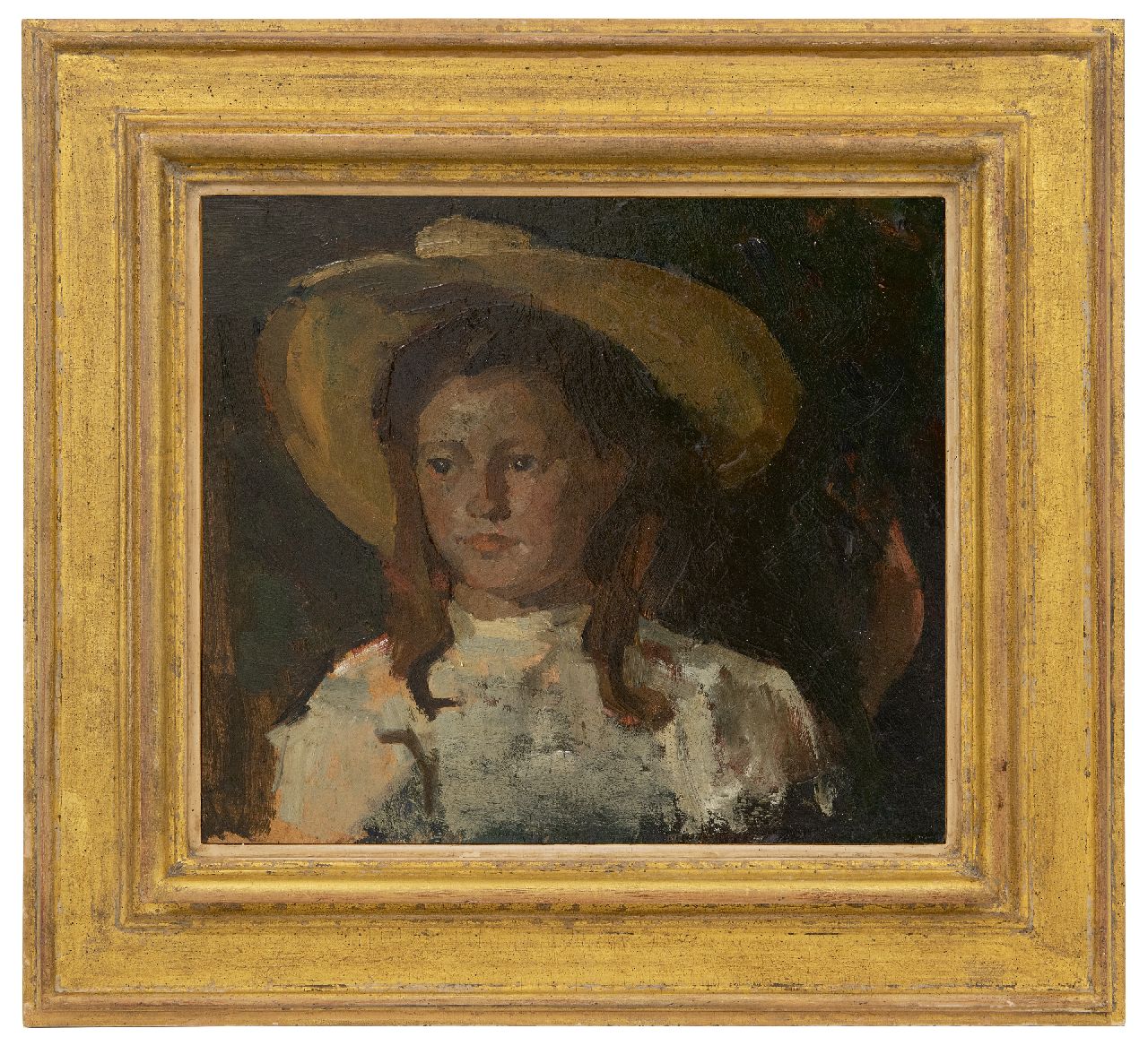 Fritzlin M.C.L.  | Maria Charlotta 'Louise' Fritzlin | Schilderijen te koop aangeboden | Fokeltje met gele hoed, olieverf op board op paneel 31,7 x 36,7 cm, te dateren 1908