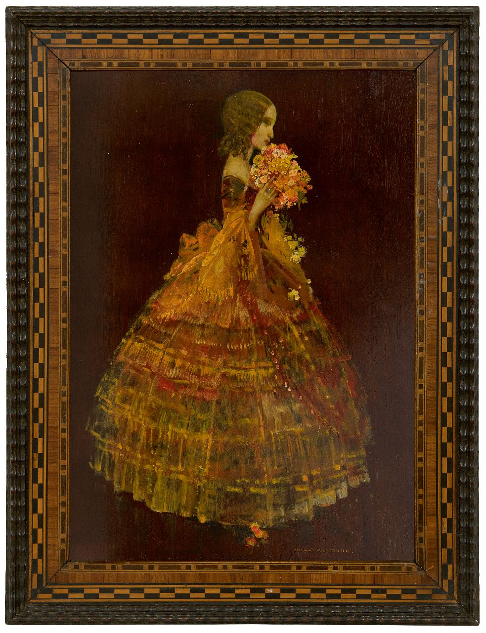 Belle K. van | Karel van Belle | Schilderijen te koop aangeboden | Vrouw in gele baljurk, olieverf op paneel 41,8 x 29,6 cm, gesigneerd rechtsonder