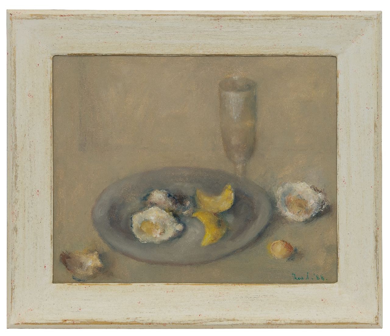 Swagemakers T.  | Theo Swagemakers, Stilleven met oesters en citroenschillen op een tinnen bord, olieverf op paneel 39,5 x 49,4 cm, gesigneerd rechtsonder en gedateerd '88