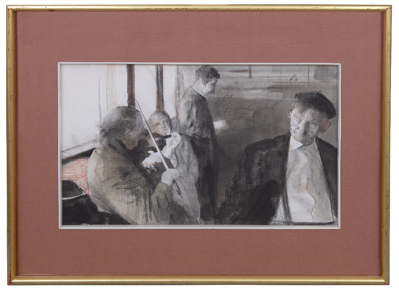 Goedhart J.A.  | Jan Andreas Goedhart | Aquarellen en tekeningen te koop aangeboden | Interieur met violist, houtskool en krijt op papier 63,0 x 83,0 cm, gesigneerd linksboven en gedateerd '76