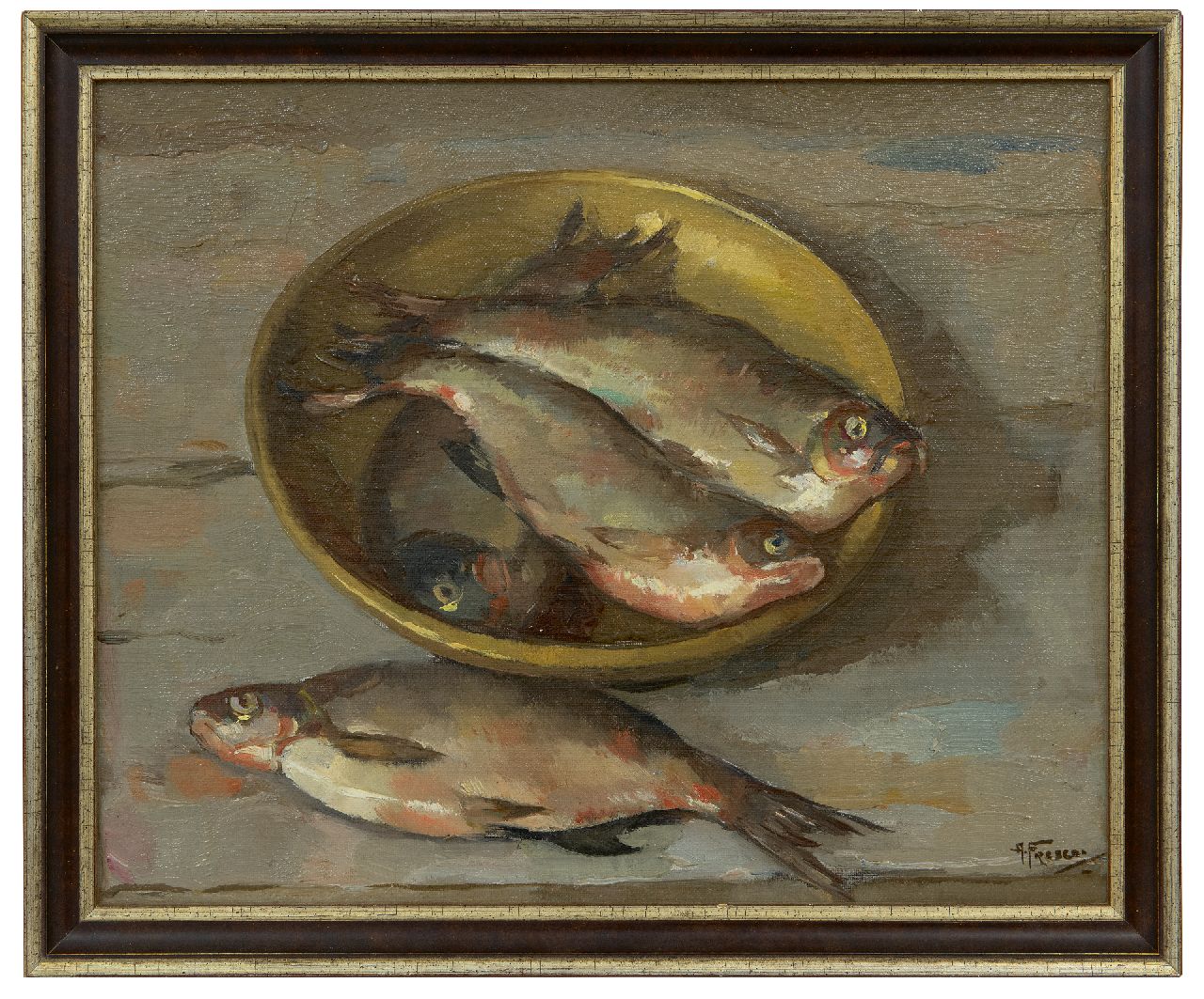 Fresco A.  | Abraham Fresco, Haringen in een schaal, olieverf op doek 33,2 x 40,6 cm, gesigneerd rechtsonder