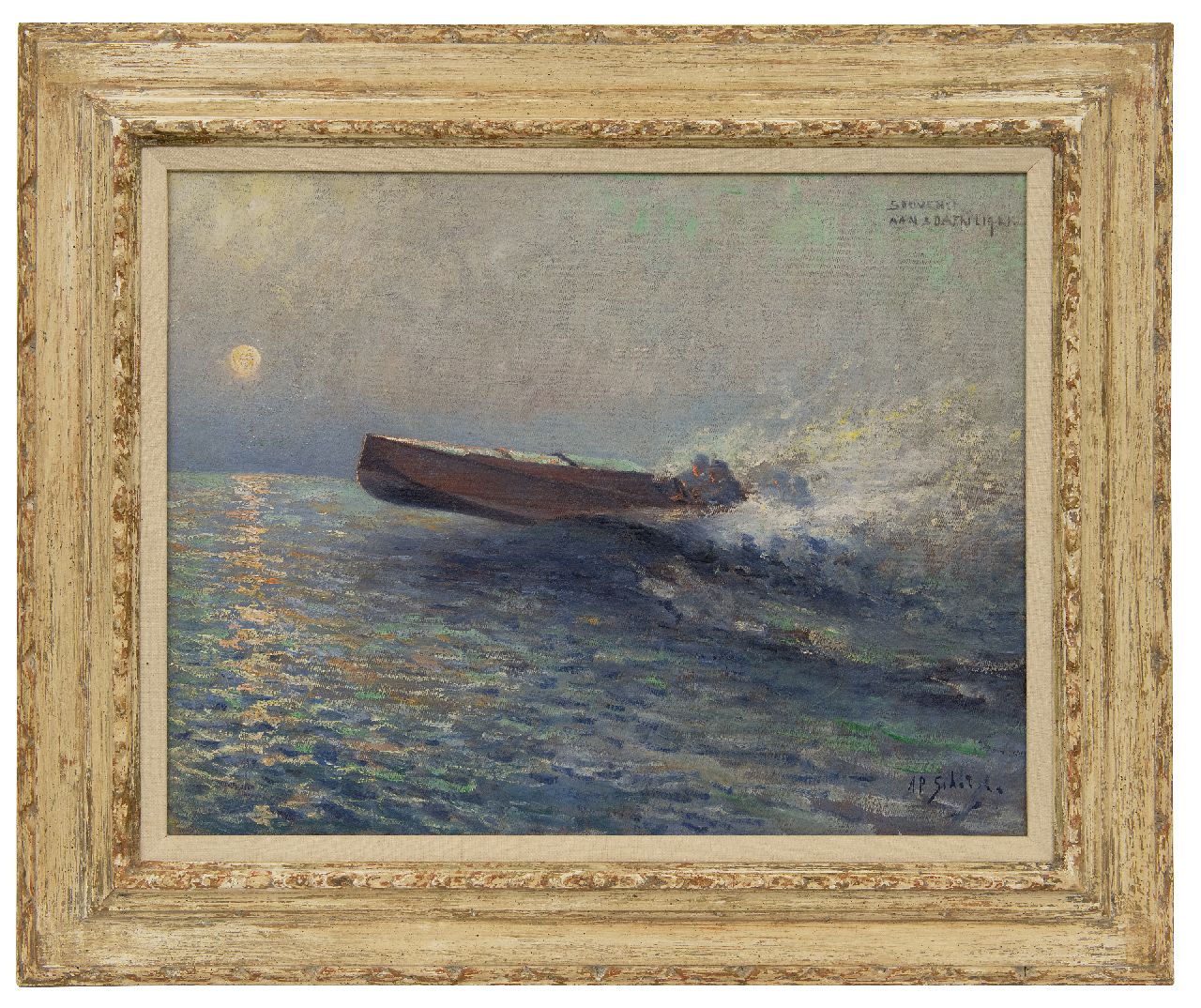 Schotel A.P.  | Anthonie Pieter Schotel | Schilderijen te koop aangeboden | Speedboot op zee bij zonsondergang, olieverf op doek 43,6 x 57,3 cm, gesigneerd rechtsonder