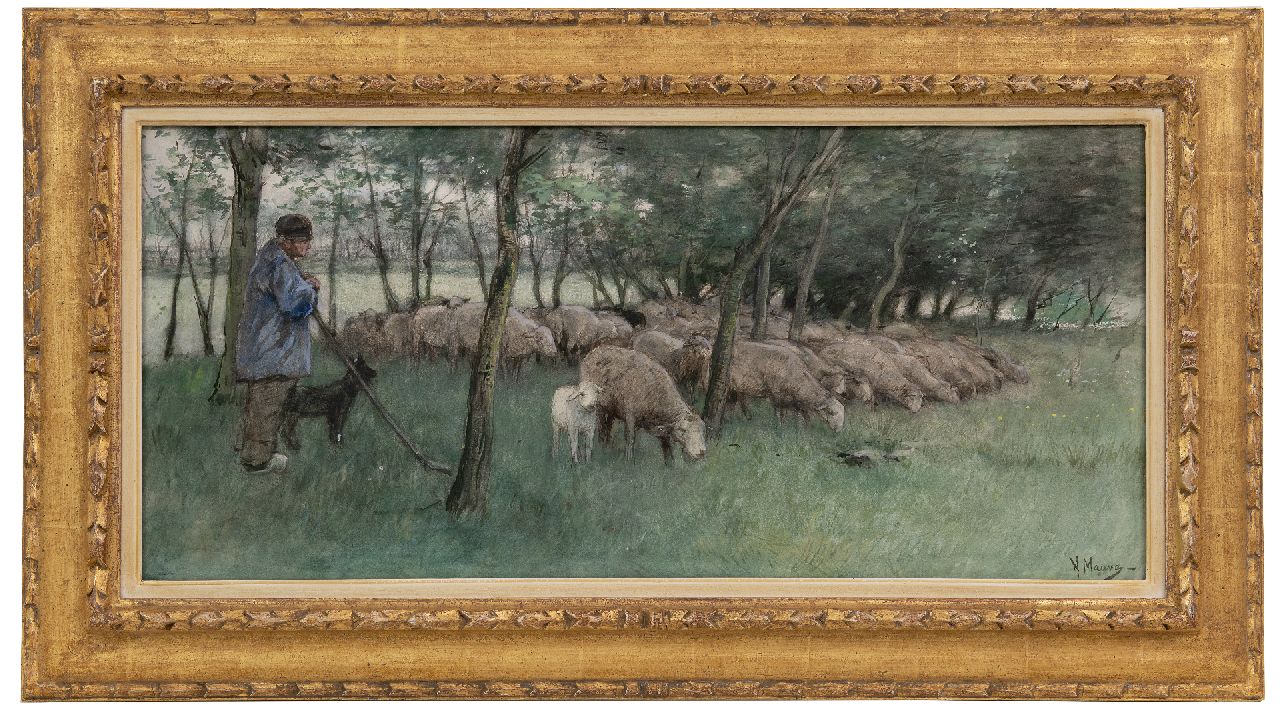 Mauve A.  | Anthonij 'Anton' Mauve | Aquarellen en tekeningen te koop aangeboden | Schaapherder met grazende kudde, aquarel op papier 30,5 x 67,0 cm, gesigneerd rechtsonder en te dateren ca. 1877