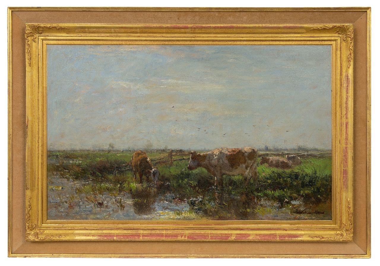Maris W.  | Willem Maris | Schilderijen te koop aangeboden | Zomerlandschap met koeien op de rivieroever, olieverf op doek 53,8 x 87,2 cm, gesigneerd rechtsonder