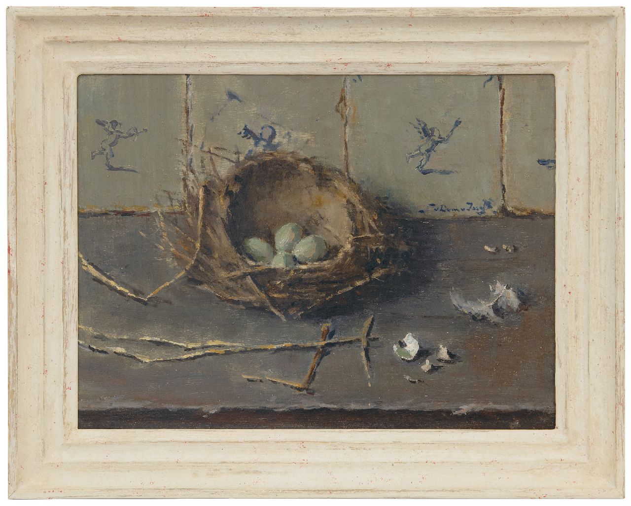 Dam van Isselt L. van | Lucie van Dam van Isselt | Schilderijen te koop aangeboden | Eieren in een vogelnestje bij Hollandse tegeltjes, olieverf op paneel 30,1 x 40,2 cm, gesigneerd rechts van het midden