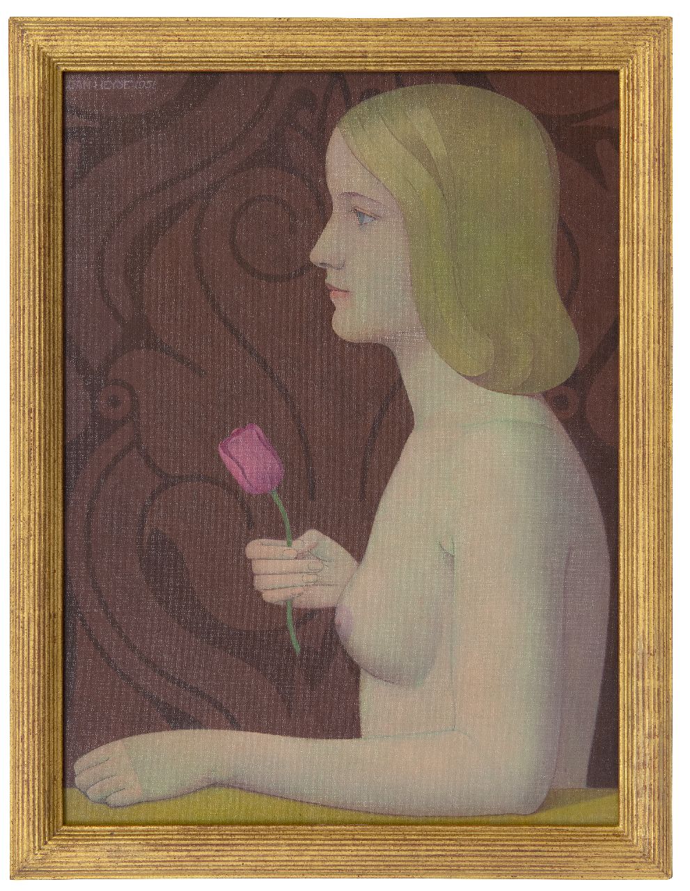 Heyse J.  | Jan Heyse | Schilderijen te koop aangeboden | Naakt met een tulp, olieverf op doek op board 54,6 x 40,3 cm, gesigneerd linksboven en gedateerd 1951