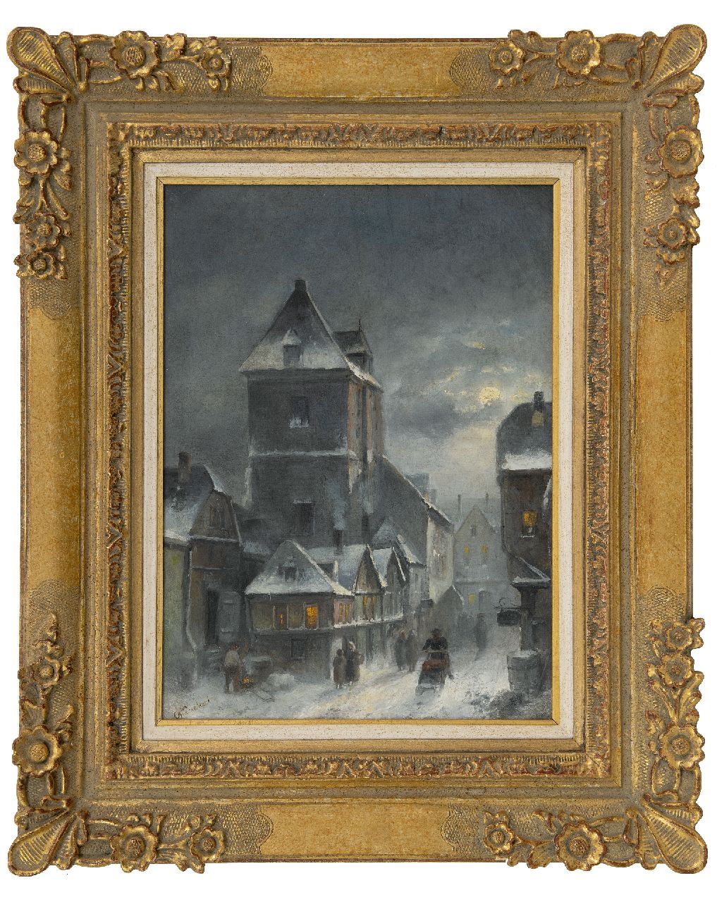 Leickert C.H.J.  | 'Charles' Henri Joseph Leickert | Schilderijen te koop aangeboden | Winters stadsgezicht bij vroege avond, olieverf op doek 42,6 x 30,6 cm, gesigneerd linksonder en ca. 1895