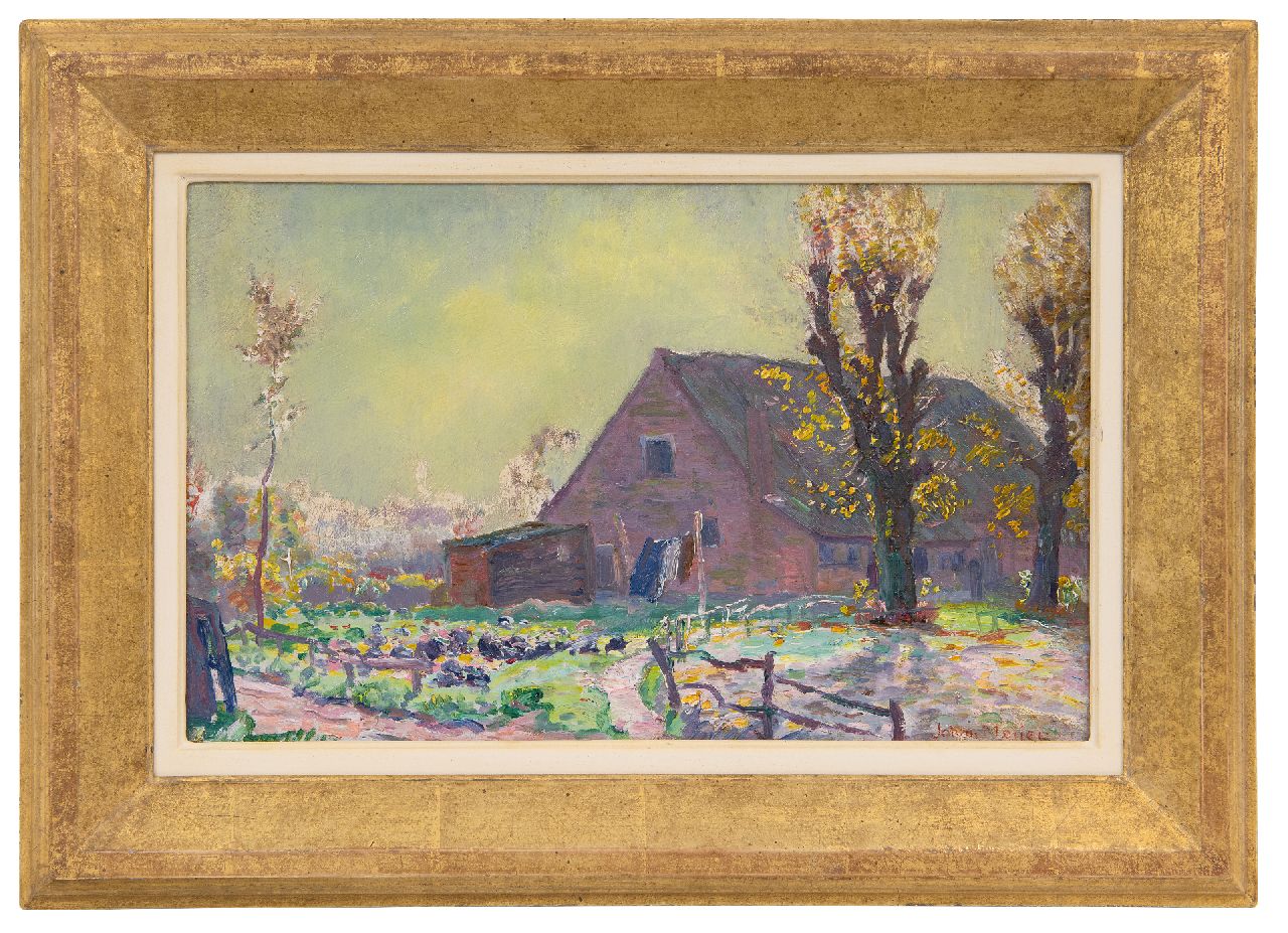 Meijer J.  | Johannes 'Johan' Meijer | Schilderijen te koop aangeboden | Achter boerderij ''t Klooster' Zevenend in Laren, olieverf op doek 22,4 x 35,5 cm, gesigneerd rechtsonder