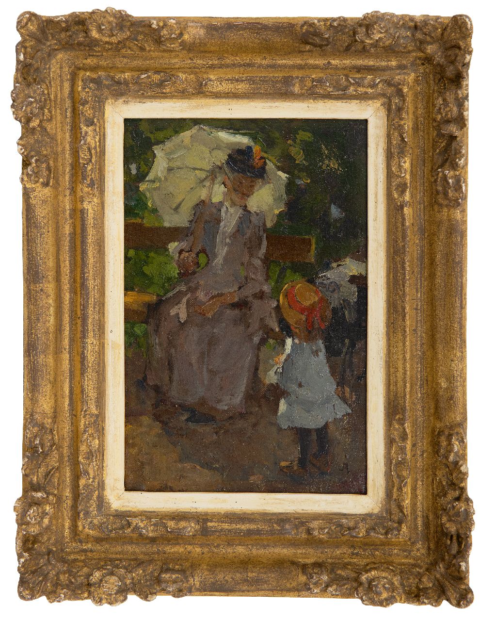 Akkeringa J.E.H.  | 'Johannes Evert' Hendrik Akkeringa | Schilderijen te koop aangeboden | In het park, olieverf op doek op paneel 19,2 x 12,7 cm, gesigneerd rechtsonder met initiaal