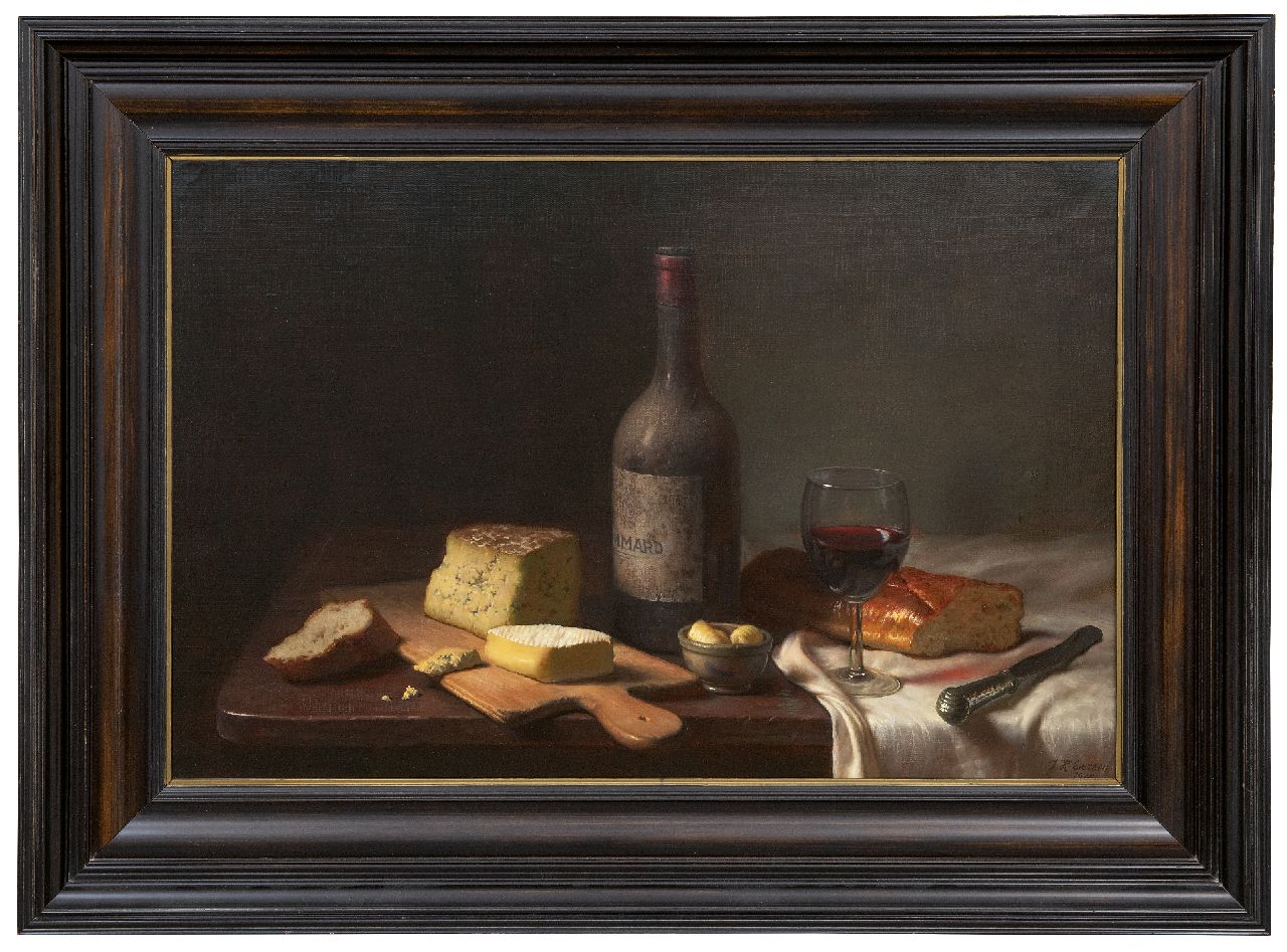 Eversen J.H.  | Johannes Hendrik 'Jan' Eversen | Schilderijen te koop aangeboden | Stilleven met wijn, kaas en brood, olieverf op doek 40,9 x 61,4 cm, gesigneerd rechtsonder en gedateerd 1978