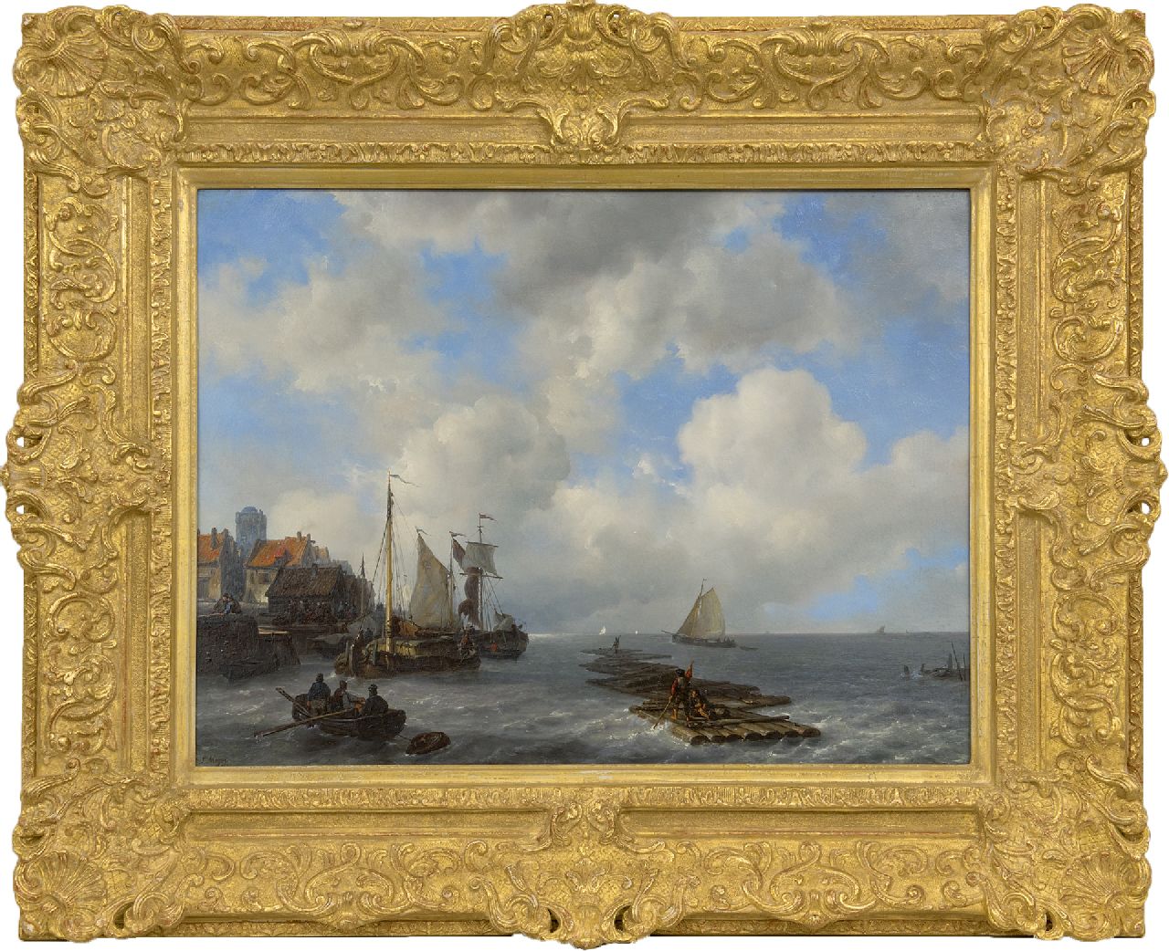 Meijer J.H.L.  | Johan Hendrik 'Louis' Meijer | Schilderijen te koop aangeboden | Bedrijvigheid van houttransporten aan een zeekade, olieverf op paneel 46,8 x 61,8 cm, gesigneerd linksonder en gedateerd 1841