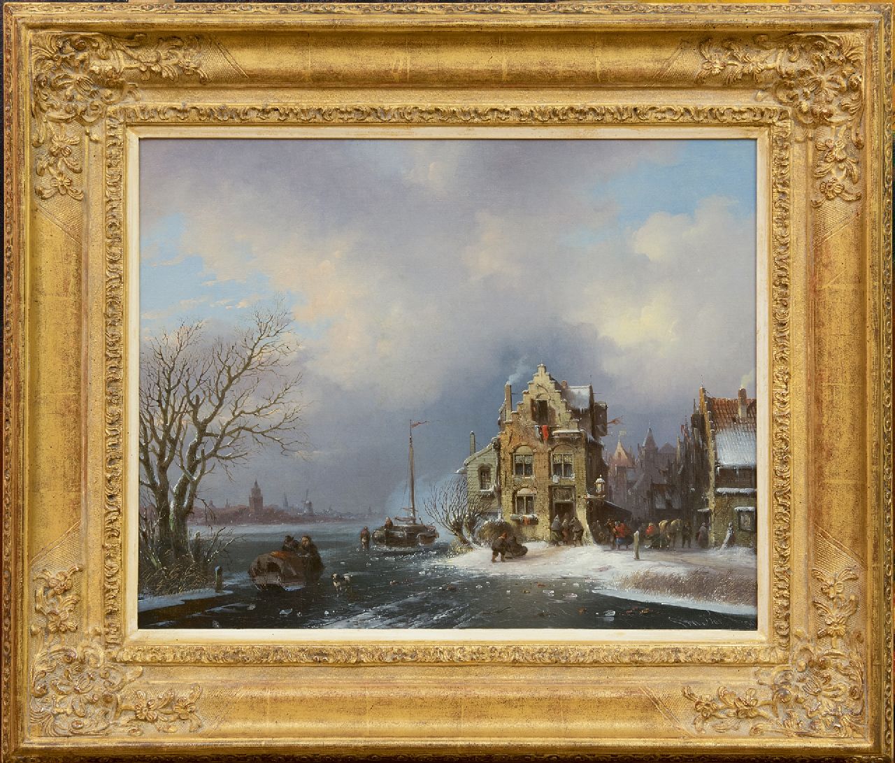 Stok J. van der | Jacobus van der Stok | Schilderijen te koop aangeboden | Bedrijvigheid in een stad aan een bevroren rivier, olieverf op doek 40,8 x 50,6 cm, gesigneerd rechtsonder en gedateerd '59
