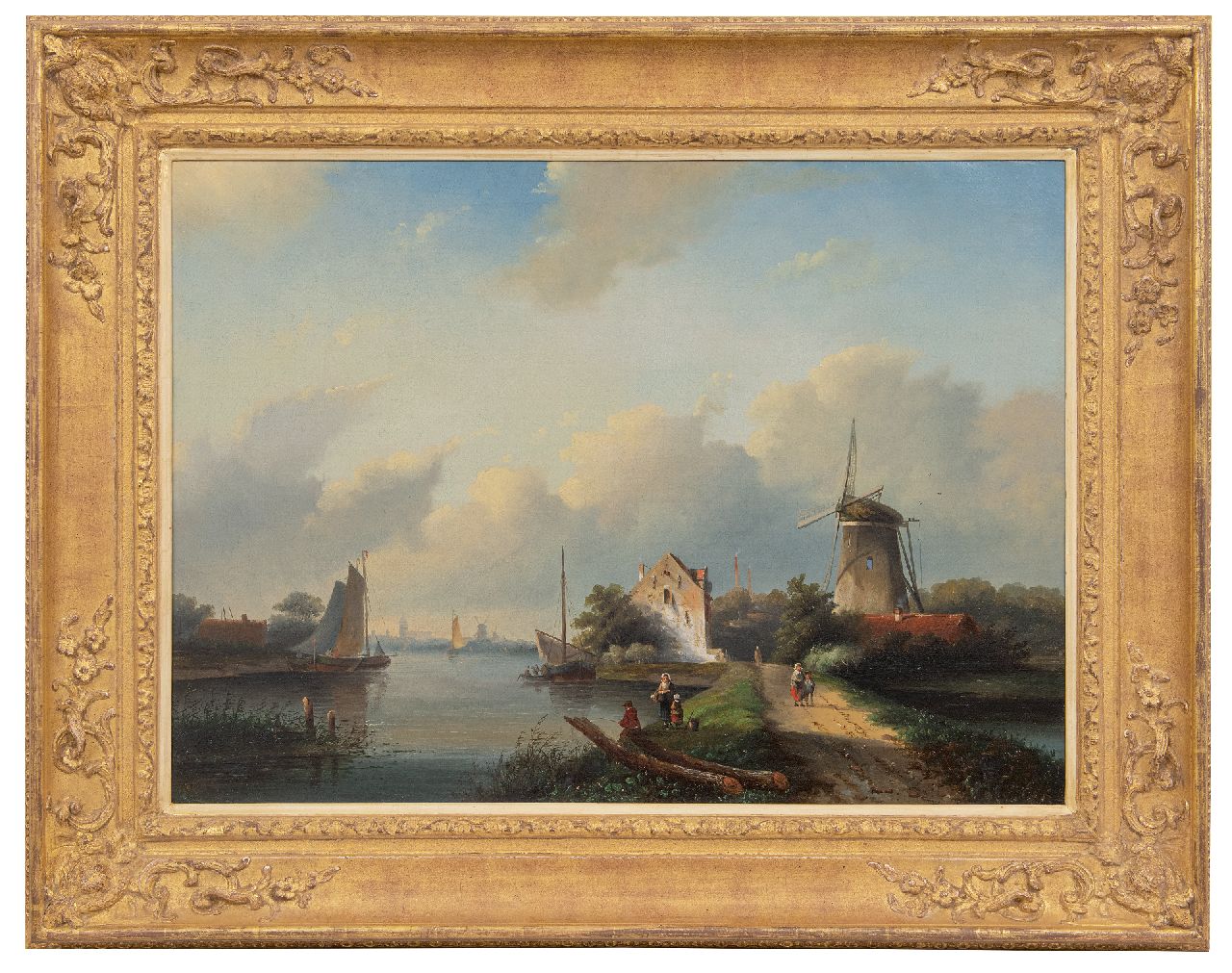 Spohler J.J.  | Jan Jacob Spohler | Schilderijen te koop aangeboden | Zomerlandschap met figuren bij een vaart, olieverf op doek 56,6 x 78,4 cm, gesigneerd linksonder