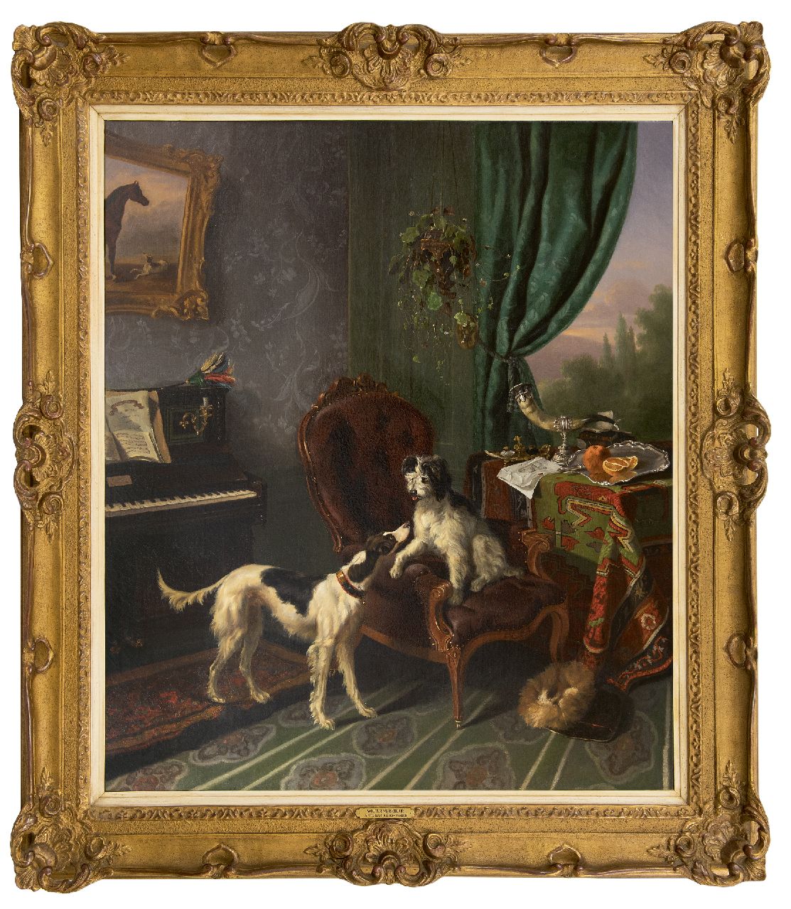 Verschuur W.  | Wouterus Verschuur | Schilderijen te koop aangeboden | Muziekkamer met twee honden, olieverf op doek 90,0 x 79,0 cm, te dateren ca. 1848-1850