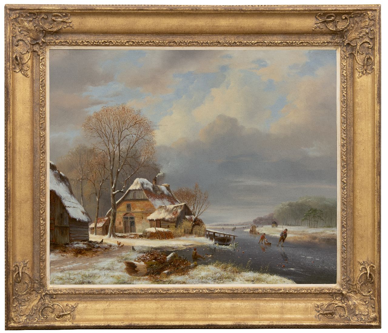 Roosenboom N.J.  | Nicolaas Johannes Roosenboom | Schilderijen te koop aangeboden | Winters riviergezicht met schaatsers bij een boerderij, olieverf op doek 71,2 x 87,7 cm, gesigneerd linksonder