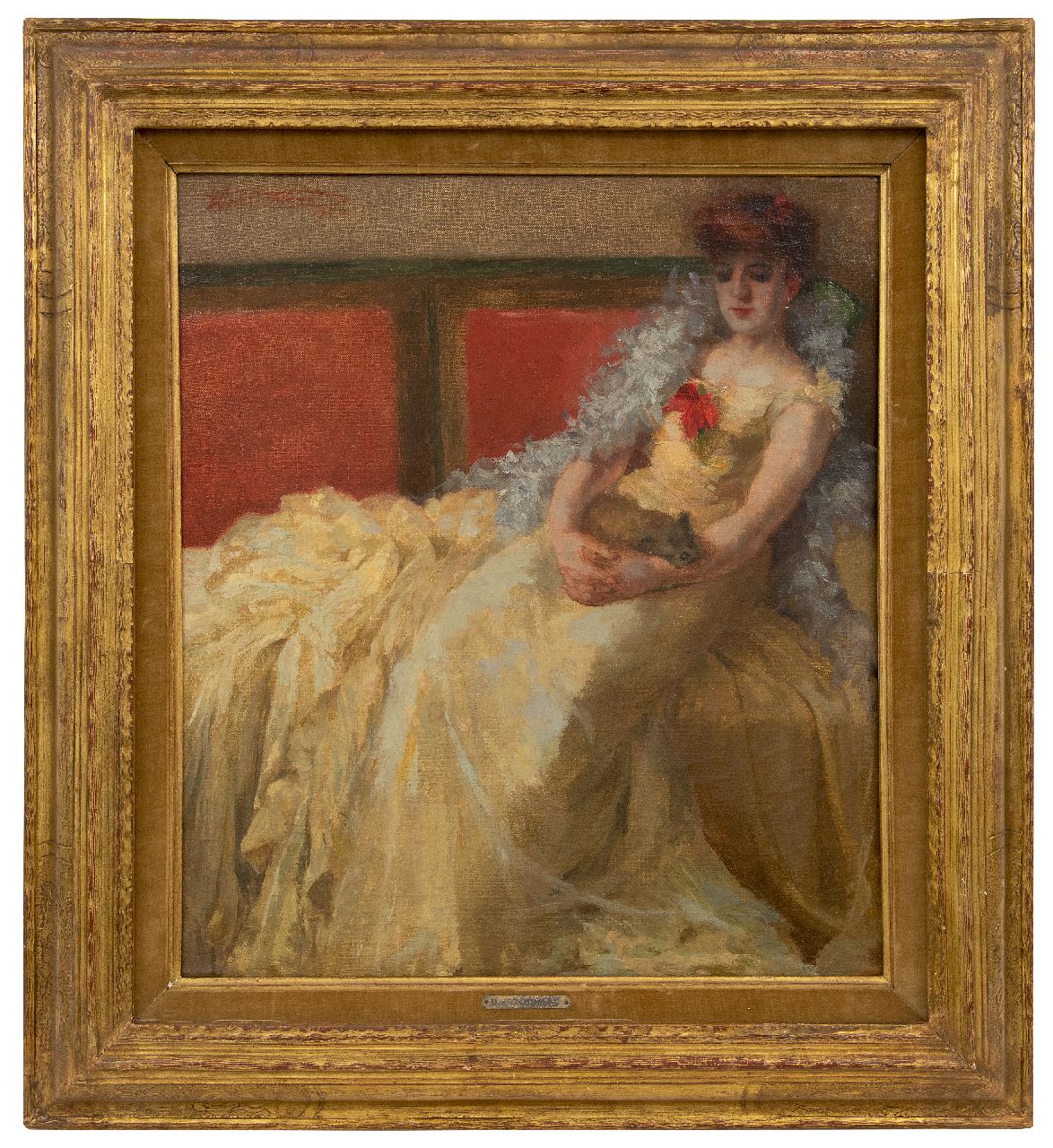 Thomas H.J.  | Henri Joseph Thomas | Schilderijen te koop aangeboden | Vrouw in baljurk met schoothondje, olieverf op doek 56,9 x 50,5 cm, gesigneerd linksboven en gedateerd 1924