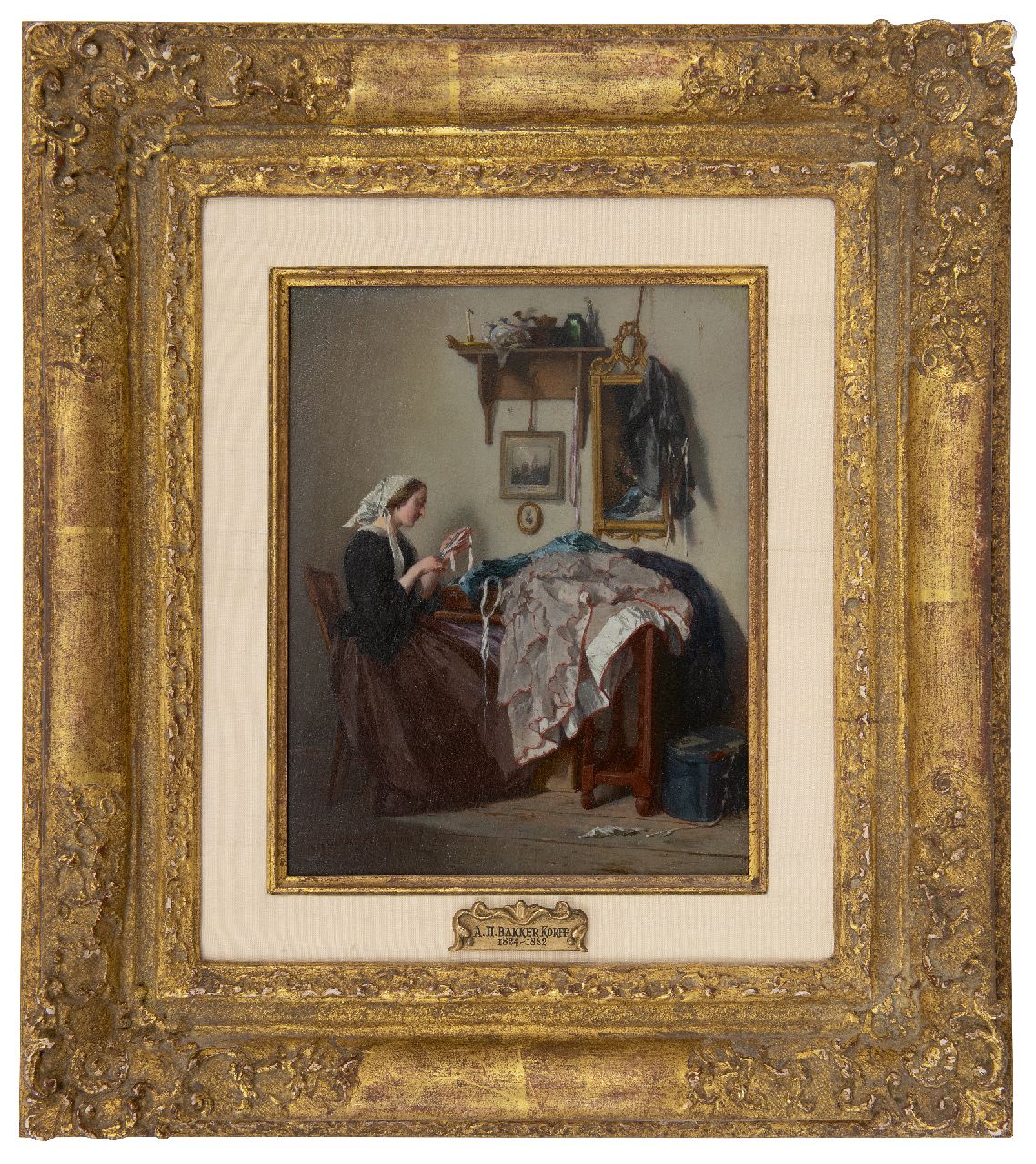 Bakker Korff A.H.  | Alexander Hugo Bakker Korff, De jonge naaister, olieverf op paneel 18,5 x 14,4 cm, gesigneerd linksonder en te dateren ca. 1864