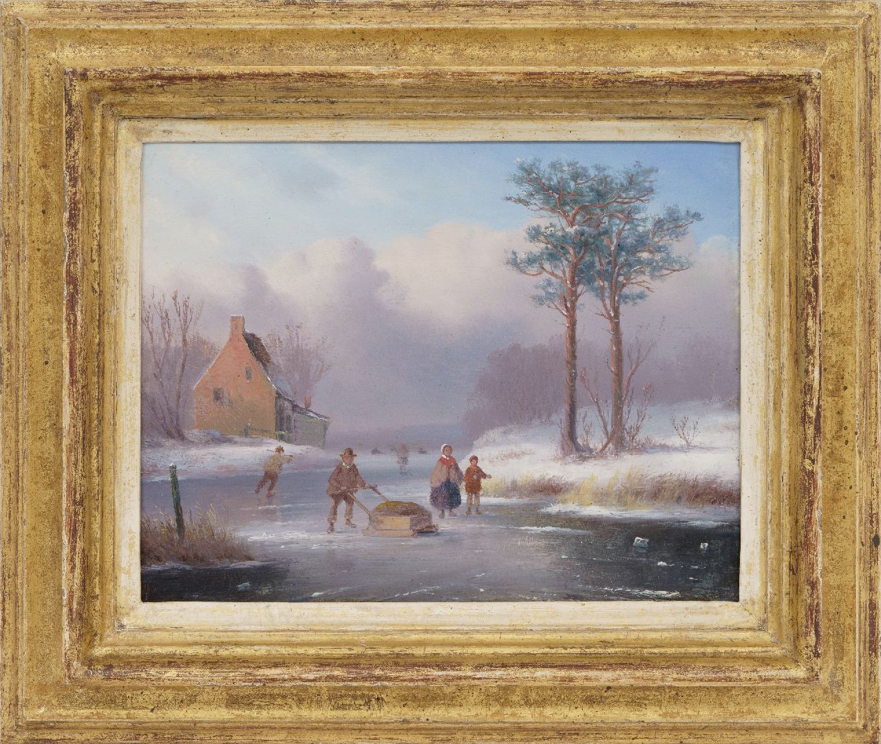 Ahrendts C.E.  | Carl Eduard Ahrendts, Winters rivierlandschap met schaatsende figuren, olieverf op paneel 19,2 x 23,7 cm, gesigneerd rechtsonder vaag