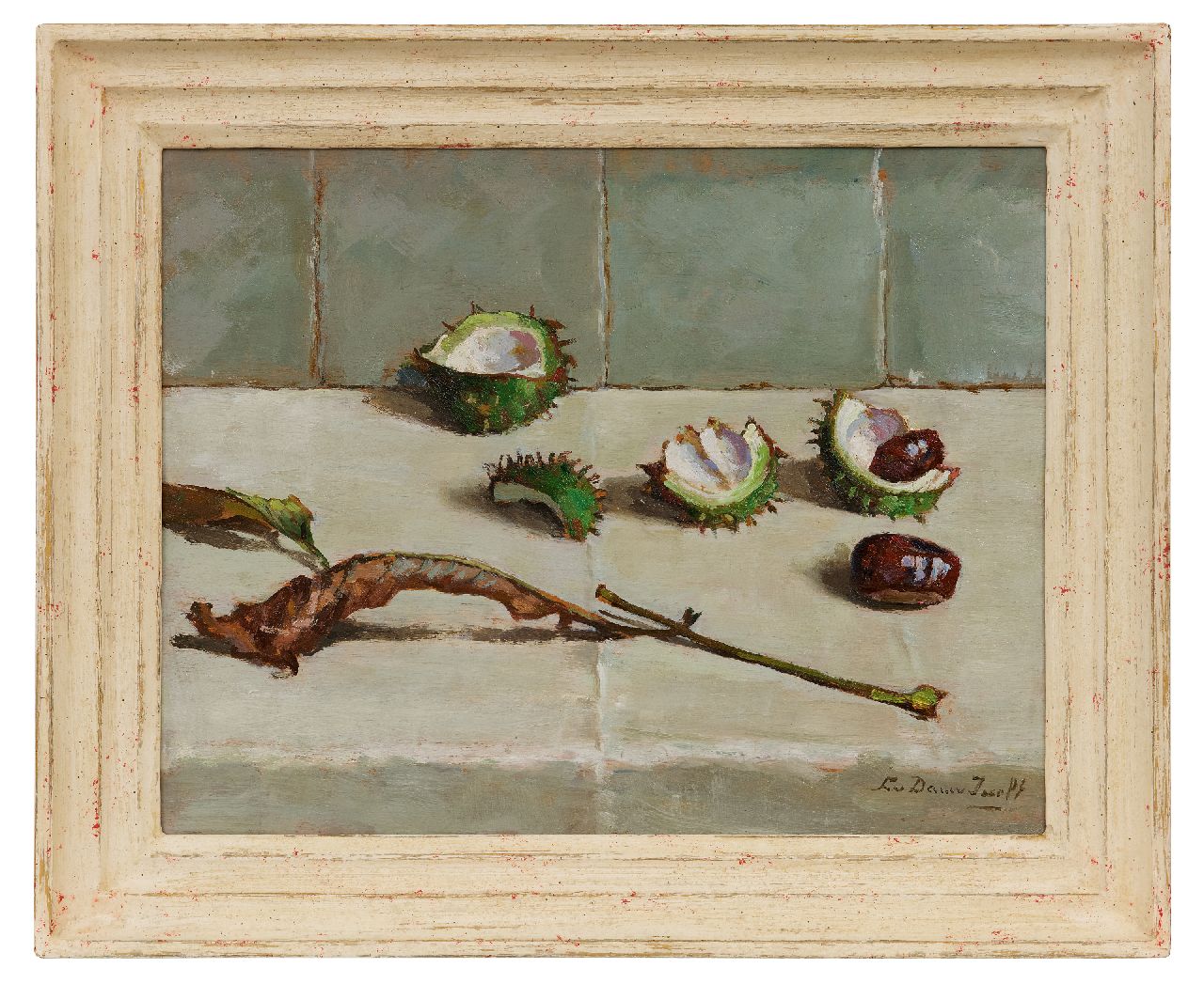 Dam van Isselt L. van | Lucie van Dam van Isselt, Stilleven van kastanjes, bolsters en blad, olieverf op paneel 31,7 x 40,1 cm, gesigneerd rechtsonder