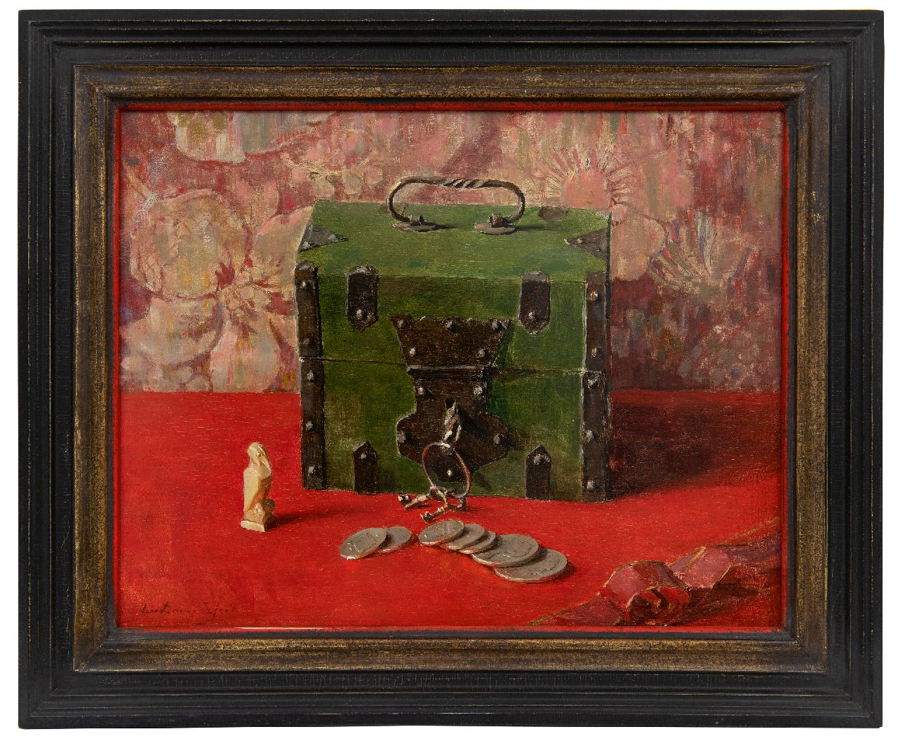 Dam van Isselt L. van | Lucie van Dam van Isselt | Schilderijen te koop aangeboden | Stilleven met groene geldkist, olieverf op paneel 31,1 x 39,5 cm, gesigneerd linksonder