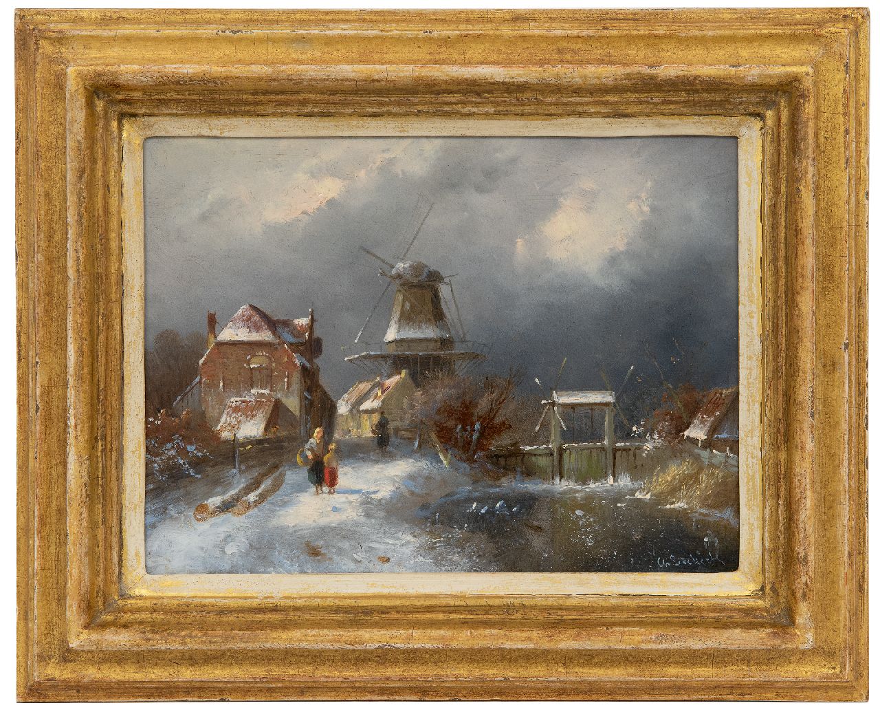 Leickert C.H.J.  | 'Charles' Henri Joseph Leickert, Winterlandschap met figuren bij een sluisje, olieverf op paneel 19,3 x 26,0 cm, gesigneerd rechtsonder