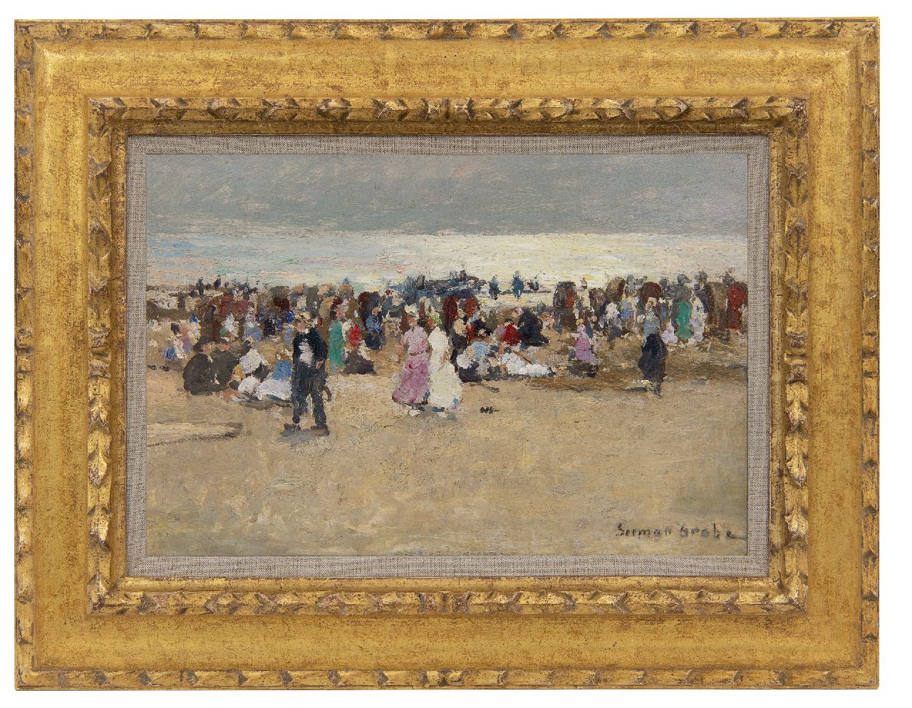 Grobe P.G.  | Philipp 'German' Grobe, Kleurrijke drukte op het strand, olieverf op paneel 23,9 x 36,0 cm, gesigneerd rechtsonder