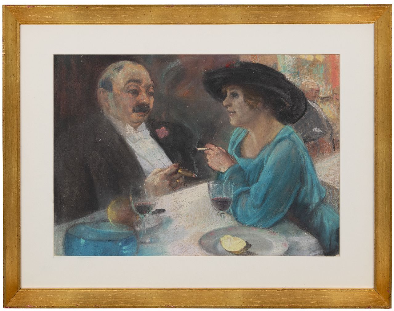 Onbekend (R.I.P.)  | Onbekend | Aquarellen en tekeningen te koop aangeboden | Man en vrouw in een café, pastel op papier 35,5 x 47,6 cm