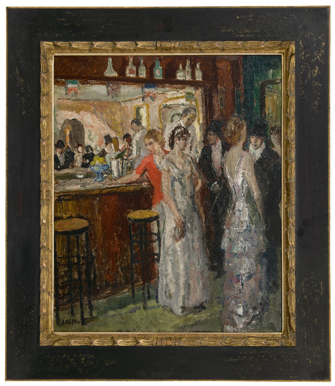 Cosson J.L.M.  | Jean Louis 'Marcel' Cosson | Schilderijen te koop aangeboden | Na het theater, olieverf op paneel 55,1 x 46,1 cm, gesigneerd linksonder en te dateren 1920