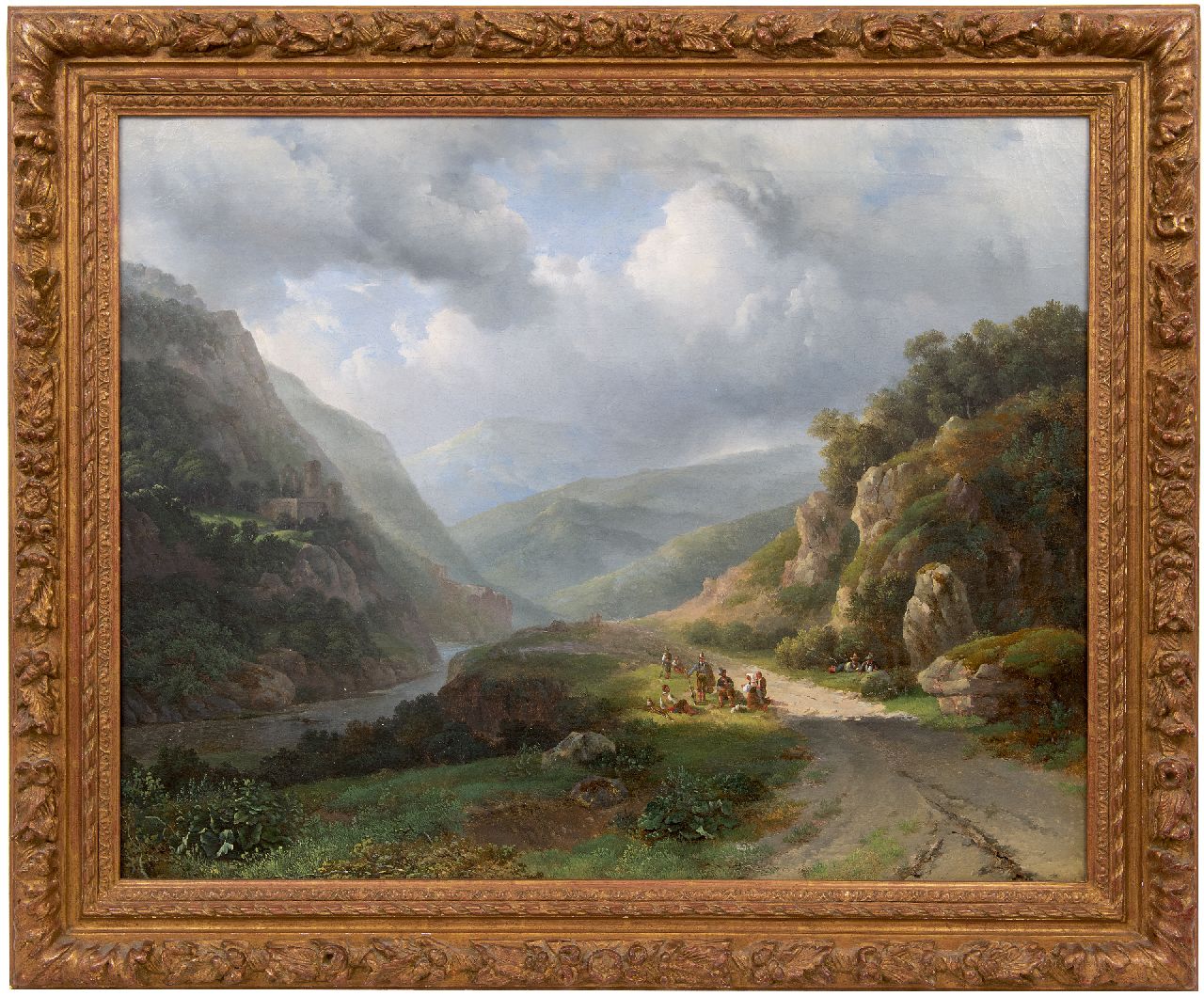 Meijer J.H.L.  | Johan Hendrik 'Louis' Meijer | Schilderijen te koop aangeboden | Berglandschap met figuren, olieverf op doek 67,4 x 84,7 cm, gesigneerd links van het midden