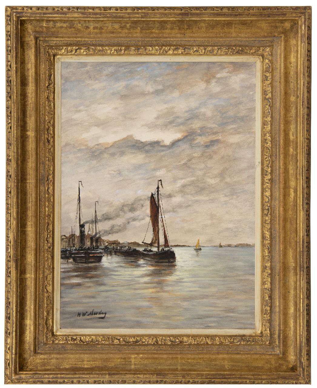 Mesdag H.W.  | Hendrik Willem Mesdag, Schepen in een haven, aquarel op papier 43,2 x 31,8 cm, gesigneerd linksonder