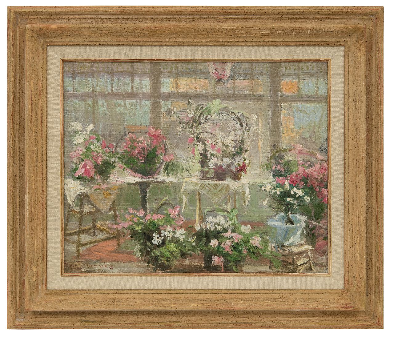Steenwijk H. van | Hendrik van Steenwijk | Schilderijen te koop aangeboden | Serre met bloeiende planten, olieverf op doek op paneel 29,9 x 36,8 cm, gesigneerd linksonder