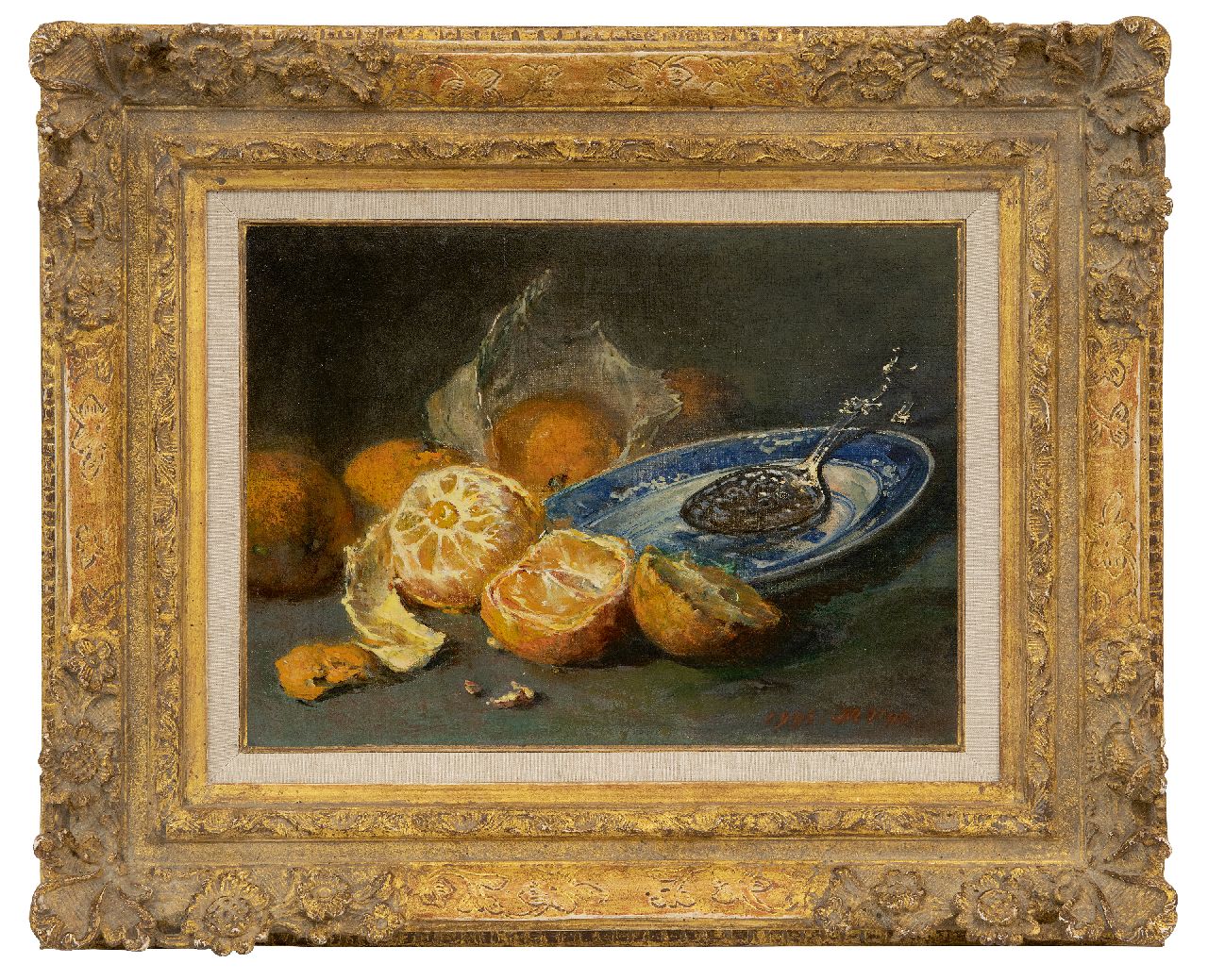 Vos M.  | Maria Vos, Stilleven met sinaasappels en een blauw-wit bord, olieverf op doek 25,4 x 34,1 cm, gesigneerd rechtsonder en gedateerd 1906