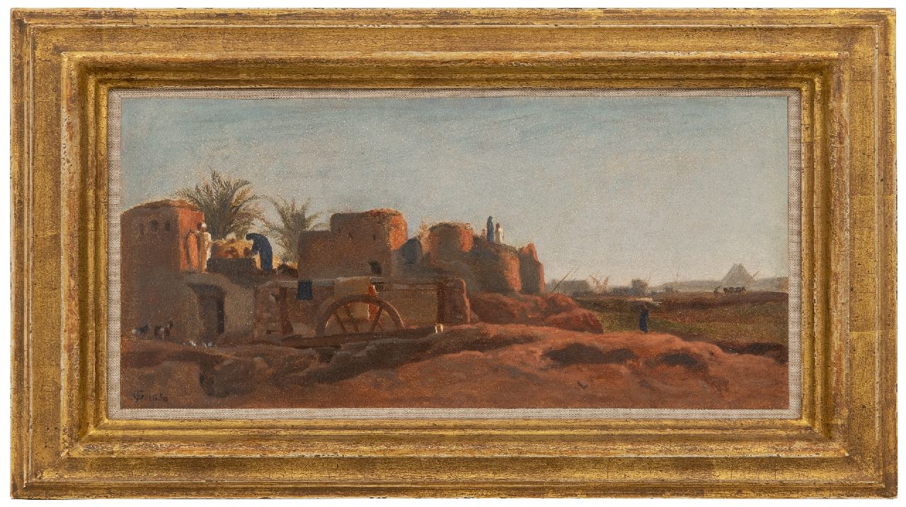 Goodall F. | Frederick Goodall | Schilderijen te koop aangeboden | Dorp langs de Nijl met piramiden op de achtergrond, papier op doek 17,9 x 38,2 cm, gesigneerd linksonder met monogram en gedateerd 1858 Goodall F. | Frederick Goodall | Schilderijen te koop aangeboden | Dorp langs de Nijl met piramiden op de achtergrond, papier op doek 17,9 x 38,2 cm, gesigneerd linksonder met monogram en gedateerd 1858