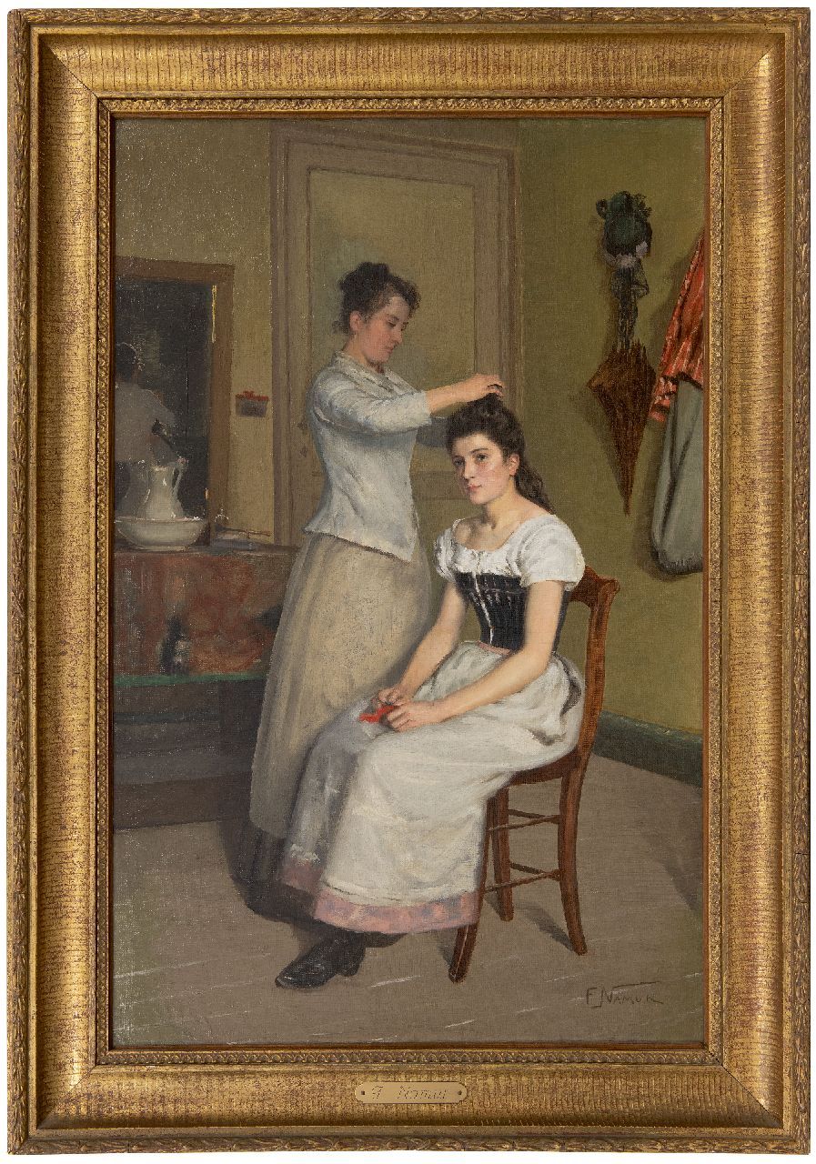 Namur F.  | François Namur | Schilderijen te koop aangeboden | Het opsteken van het haar, olieverf op doek 74,6 x 47,6 cm, gesigneerd rechtsonder
