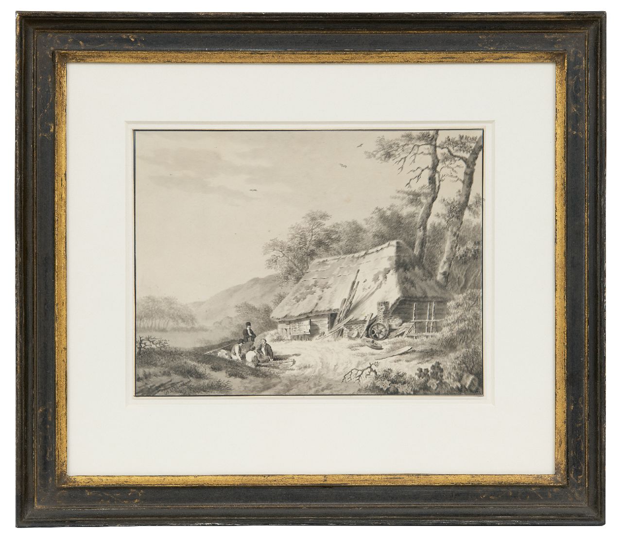 Koekkoek B.C.  | Barend Cornelis Koekkoek, Rustend landvolk bij een schuur, pen, penseel en inkt op papier 17,5 x 22,7 cm, gesigneerd linksonder