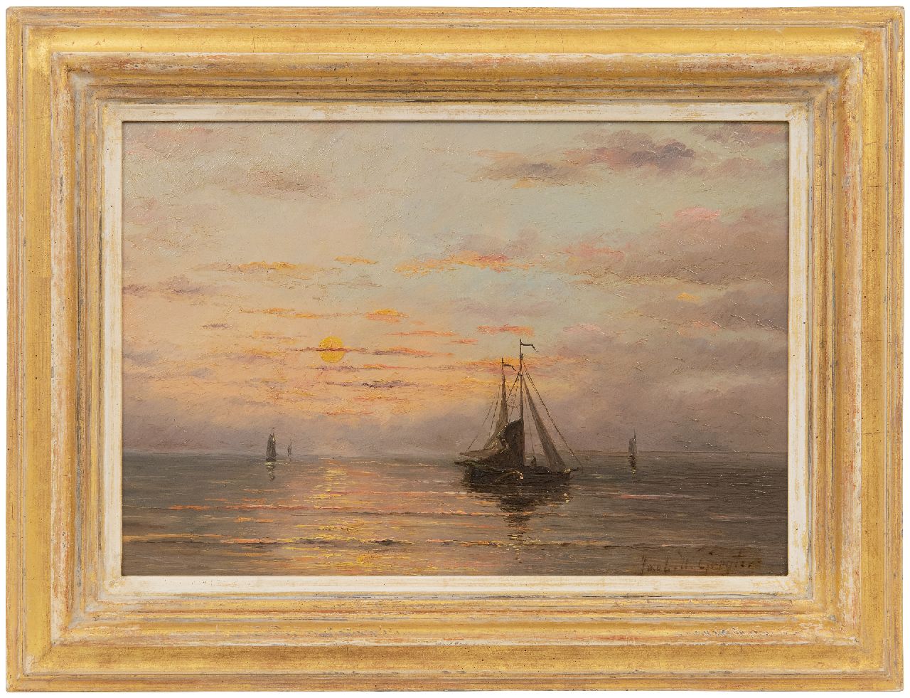 Gruijter J.W.  | Jacob Willem Gruijter | Schilderijen te koop aangeboden | Vissersschepen op kalme zee, olieverf op paneel 22,6 x 33,0 cm, gesigneerd rechtsonder
