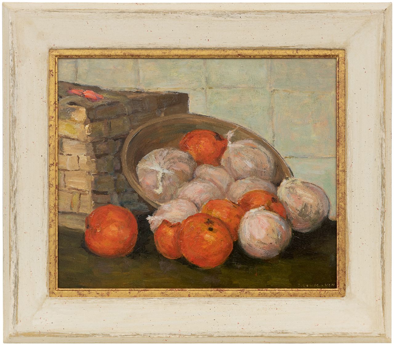 Ven E.E.G. van der | Emanuel Ernest Gerardus 'Manus' van der Ven | Schilderijen te koop aangeboden | Stilleven met mandarijnen, olieverf op board 30,4 x 37,2 cm, gesigneerd rechtsonder
