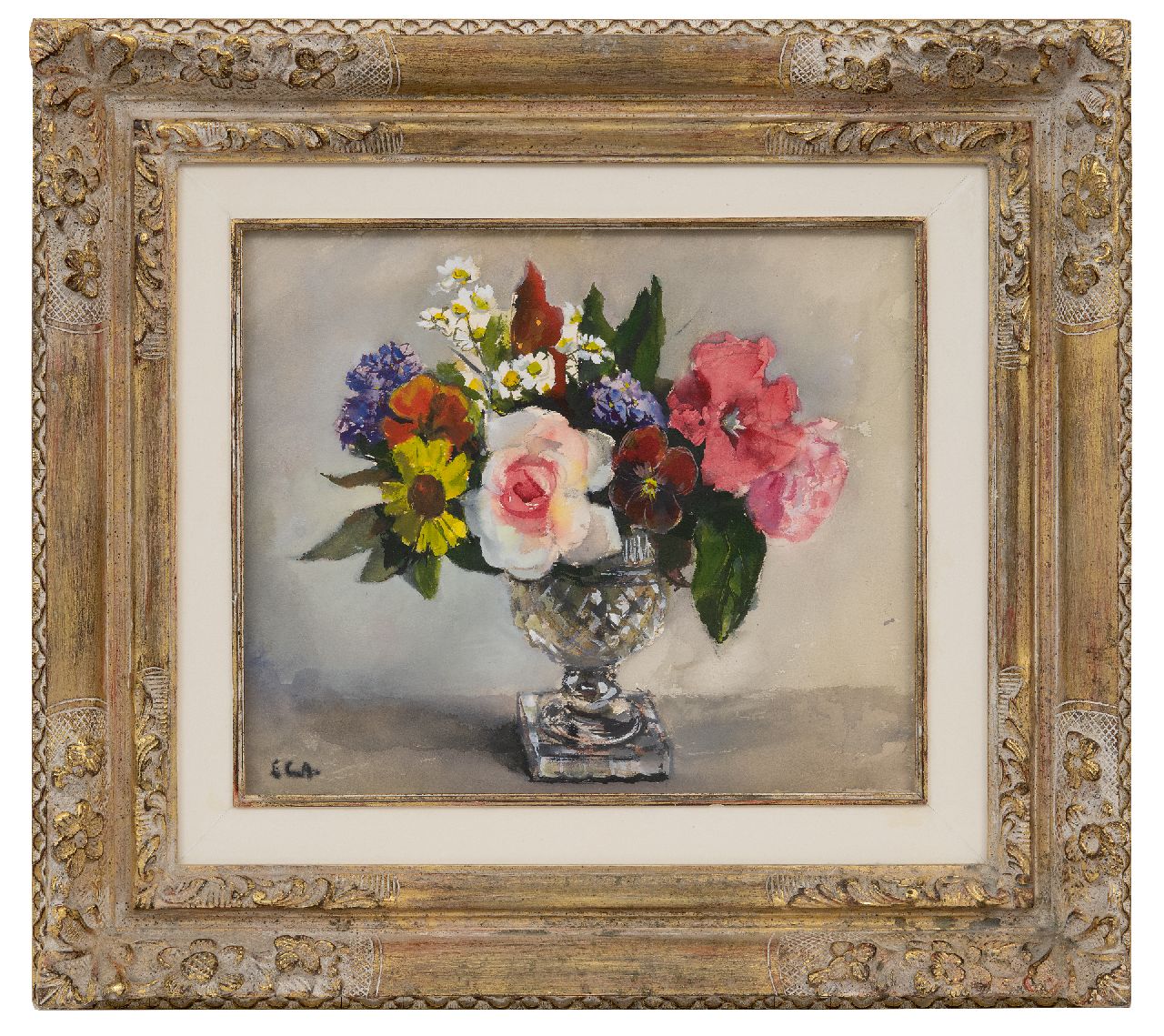 Arntzenius E.C. | Elise Claudine Arntzenius | Aquarellen en tekeningen te koop aangeboden | Zomerbloemen in een kristallen vaas, aquarel op papier 27,0 x 32,0 cm, gesigneerd linksonder met initialen Arntzenius E.C. | Elise Claudine Arntzenius | Aquarellen en tekeningen te koop aangeboden | Zomerbloemen in een kristallen vaas, aquarel op papier 27,0 x 32,0 cm, gesigneerd linksonder met initialen