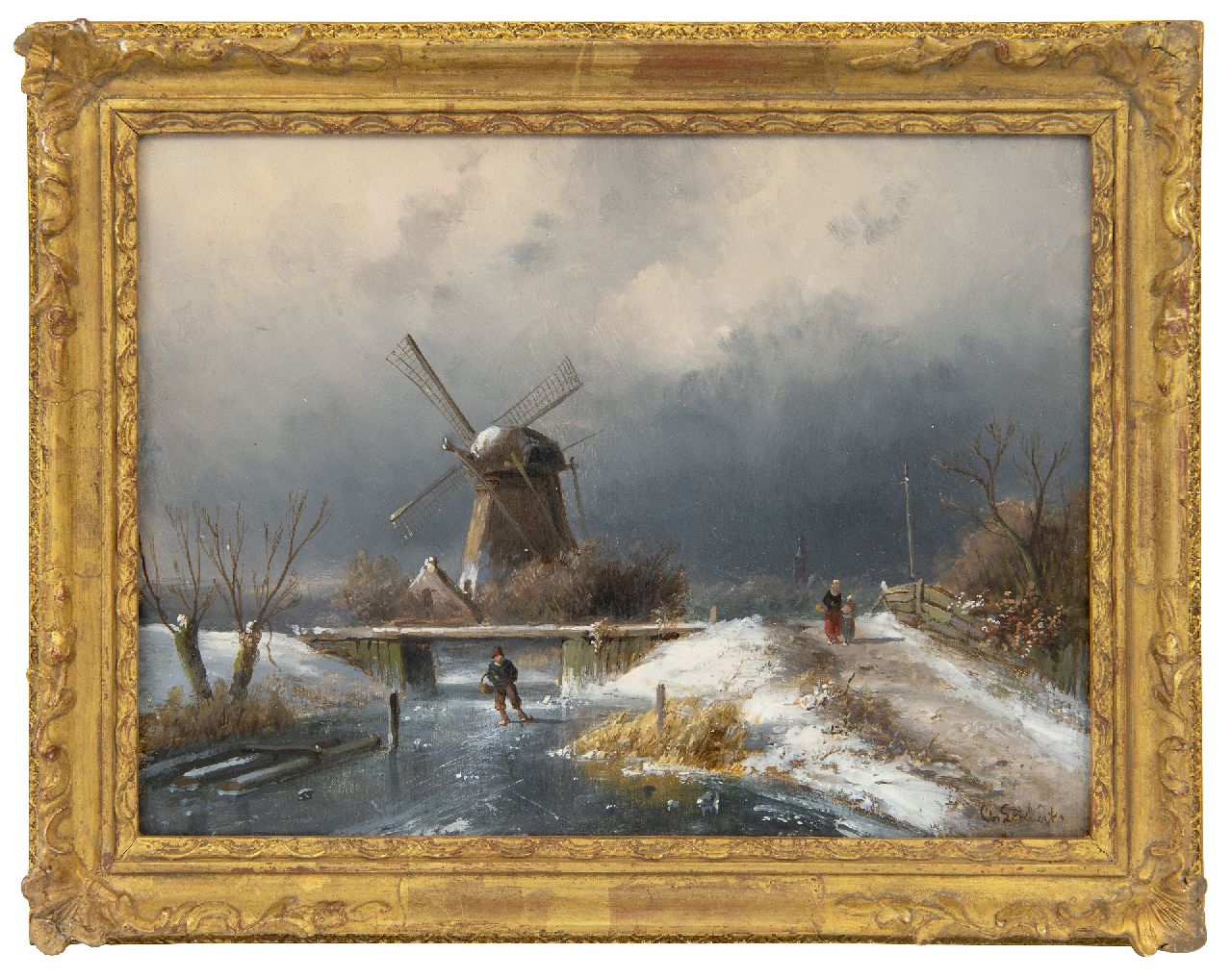 Leickert C.H.J.  | 'Charles' Henri Joseph Leickert | Schilderijen te koop aangeboden | Schaatser op een bevroren vaartje bij een molen, olieverf op paneel 19,2 x 26,0 cm, gesigneerd rechtsonder