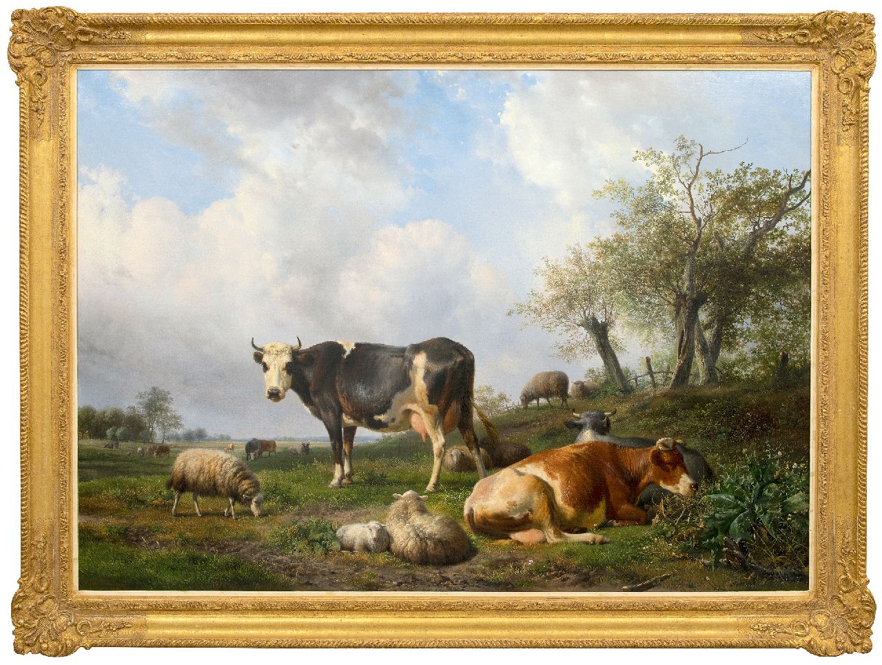 Sande Bakhuyzen H. van de | Hendrikus van de Sande Bakhuyzen | Schilderijen te koop aangeboden | Landschap met rustende koeien en schapen, olieverf op doek 108,0 x 150,0 cm, gesigneerd linksonder