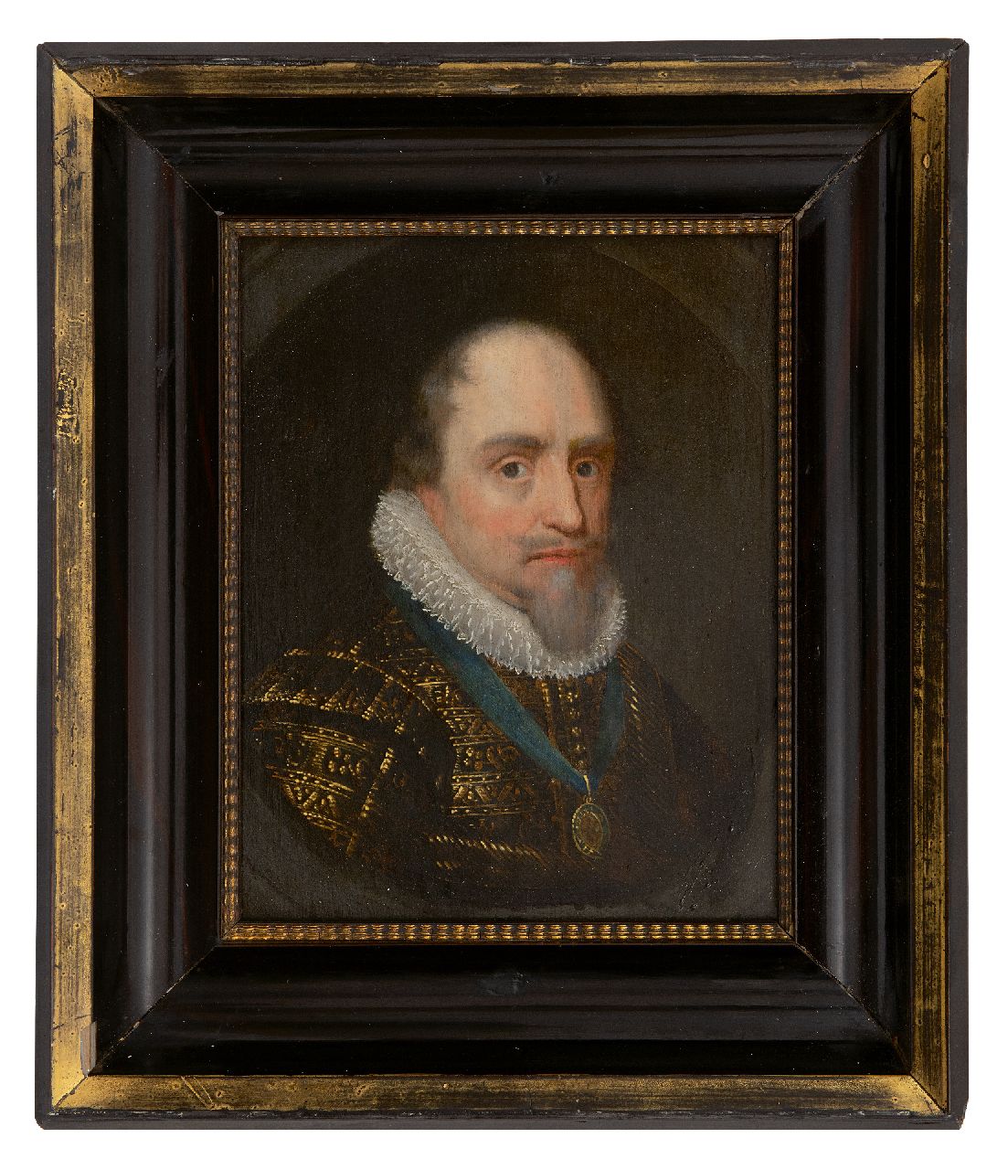 Mierevelt (atelier van) M.J. van | Michiel Jansz. van Mierevelt (atelier van) | Schilderijen te koop aangeboden | Portret van Maurits, ca 1620, Prins van Oranje-Nassau (1567-1625), lid van De Orde van de Kousenband in 1612, olieverf op paneel 27,0 x 20,0 cm