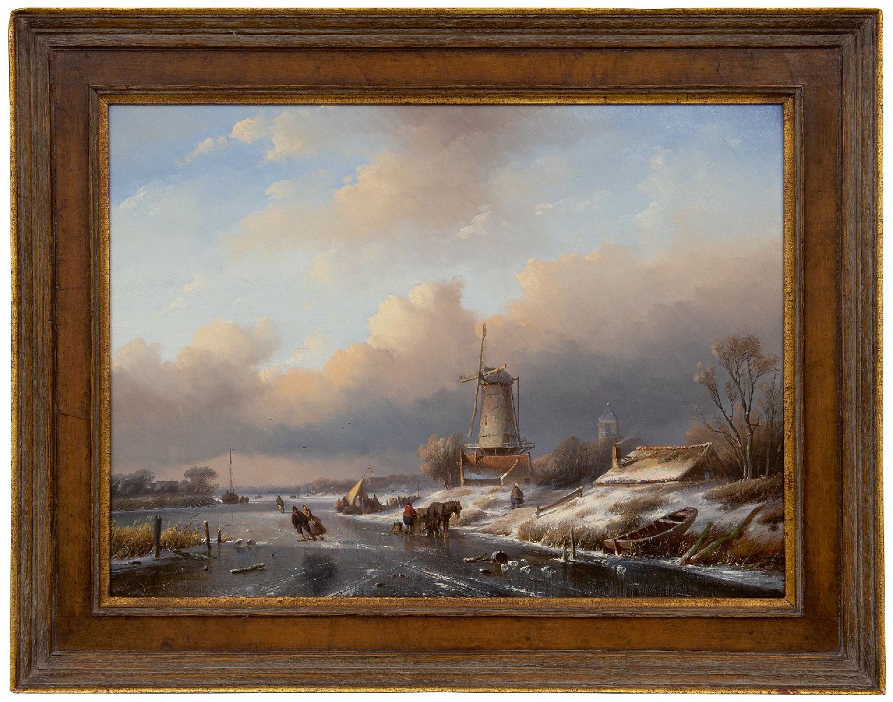 Spohler J.J.  | Jan Jacob Spohler | Schilderijen te koop aangeboden | Winterlandschap met landvolk en schaatsers, olieverf op paneel 40,7 x 55,3 cm, gesigneerd linksonder