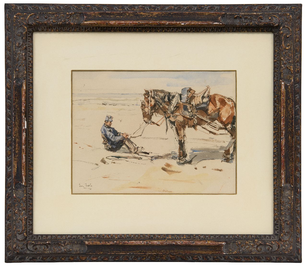 Israels I.L.  | 'Isaac' Lazarus Israels | Aquarellen en tekeningen te koop aangeboden | Een artillerist met paarden op het strand, aquarel op papier 19,4 x 26,0 cm, gesigneerd linksonder