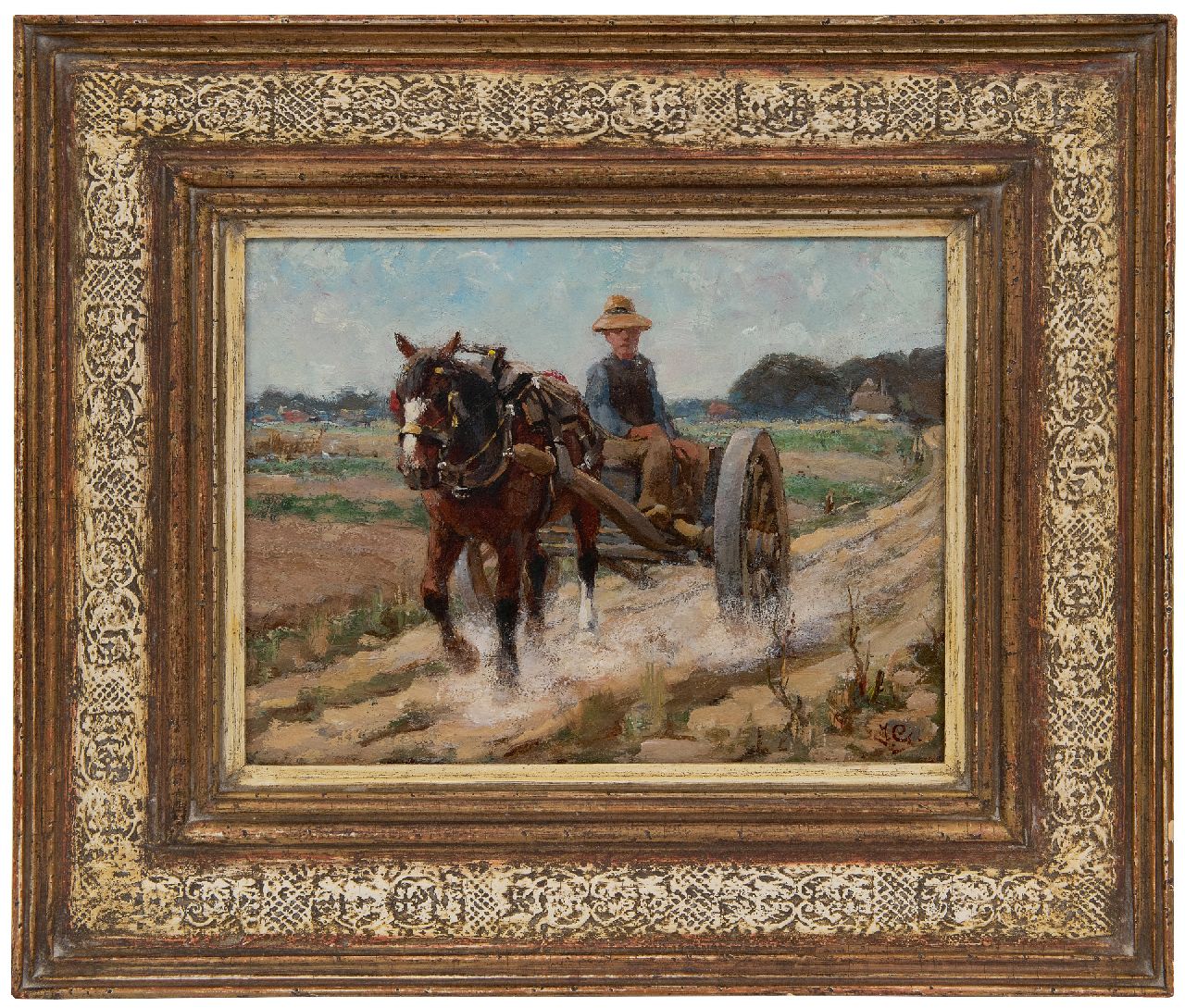 Geerlings J.H.  | Jacob Hendrik Geerlings | Schilderijen te koop aangeboden | Paard en wagen op een landweg, olieverf op paneel 21,5 x 28,7 cm, gesigneerd rechtsonder