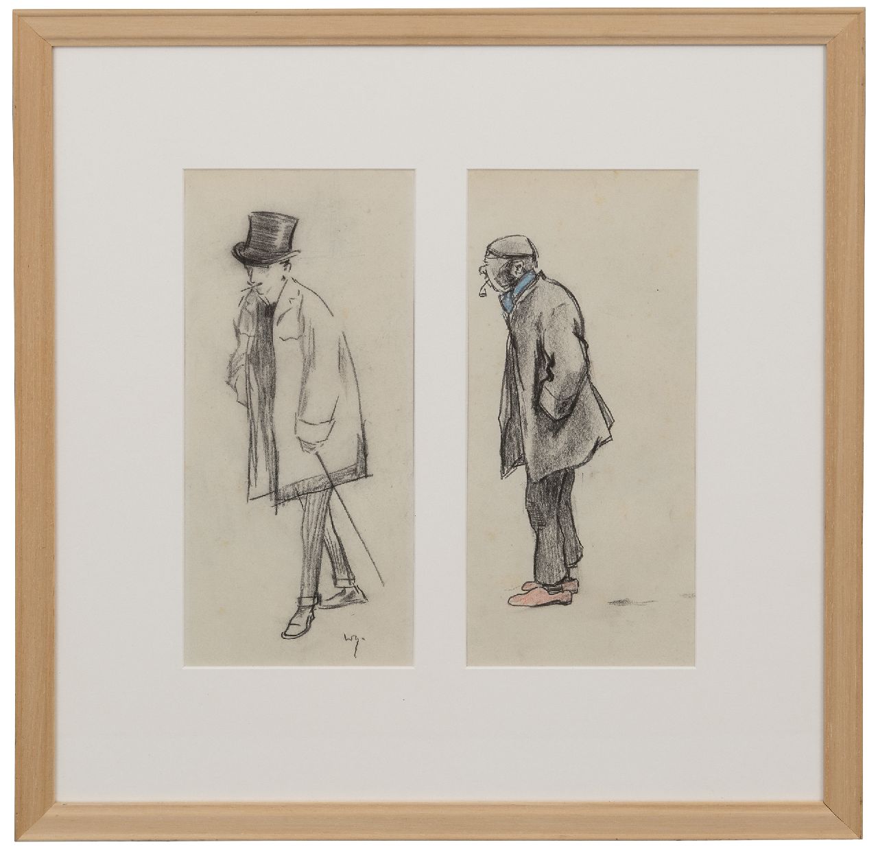Sluiter J.W.  | Jan Willem 'Willy' Sluiter | Aquarellen en tekeningen te koop aangeboden | Een heer met hoge hoed; een werkman met pijp, potlood en kleurpotlood op papier 29,5 x 30,0 cm, gesigneerd linksonder
