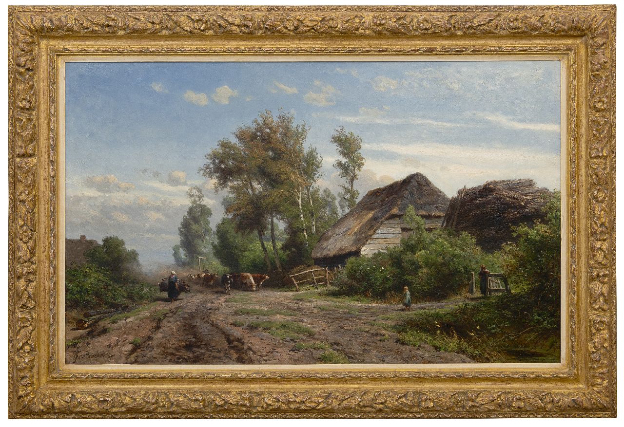 Borselen J.W. van | Jan Willem van Borselen | Schilderijen te koop aangeboden | Koeien met hoedster bij boerderij, olieverf op doek 65,5 x 106,6 cm, gesigneerd linksonder