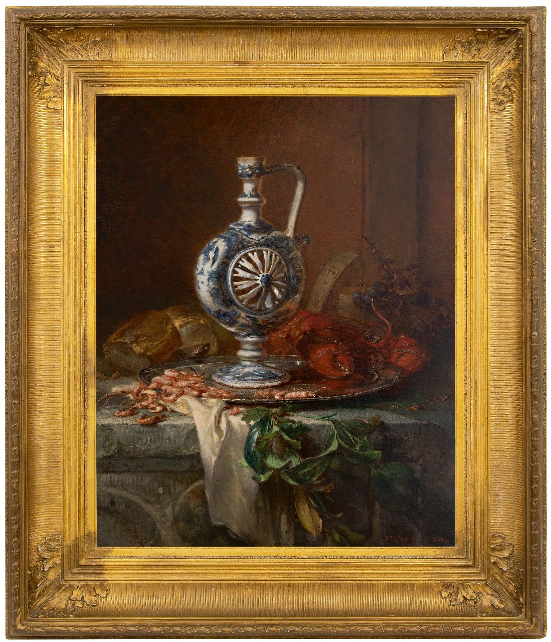Vos M.  | Maria Vos | Schilderijen te koop aangeboden | Stilleven met aardewerken fopkan, tinnen schaal, kreeft en garnalen, olieverf op doek 84,4 x 67,3 cm, gesigneerd rechtsonder en gedateerd Jan. 1868