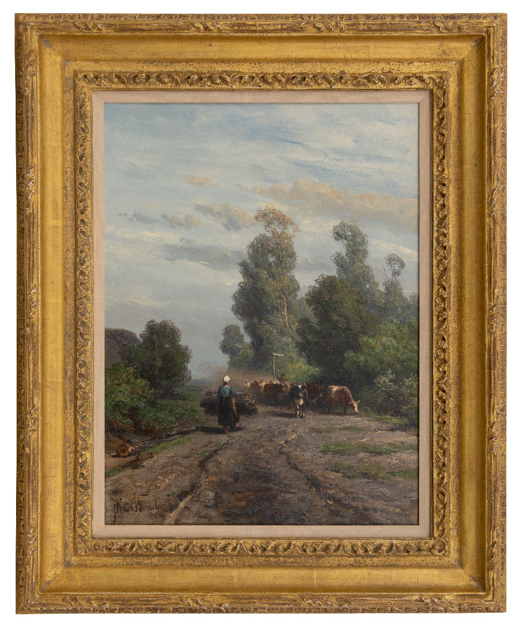Borselen J.W. van | Jan Willem van Borselen | Schilderijen te koop aangeboden | Zomerlandschap met kudde en herder, olieverf op doek 40,9 x 31,0 cm, gesigneerd linksonder