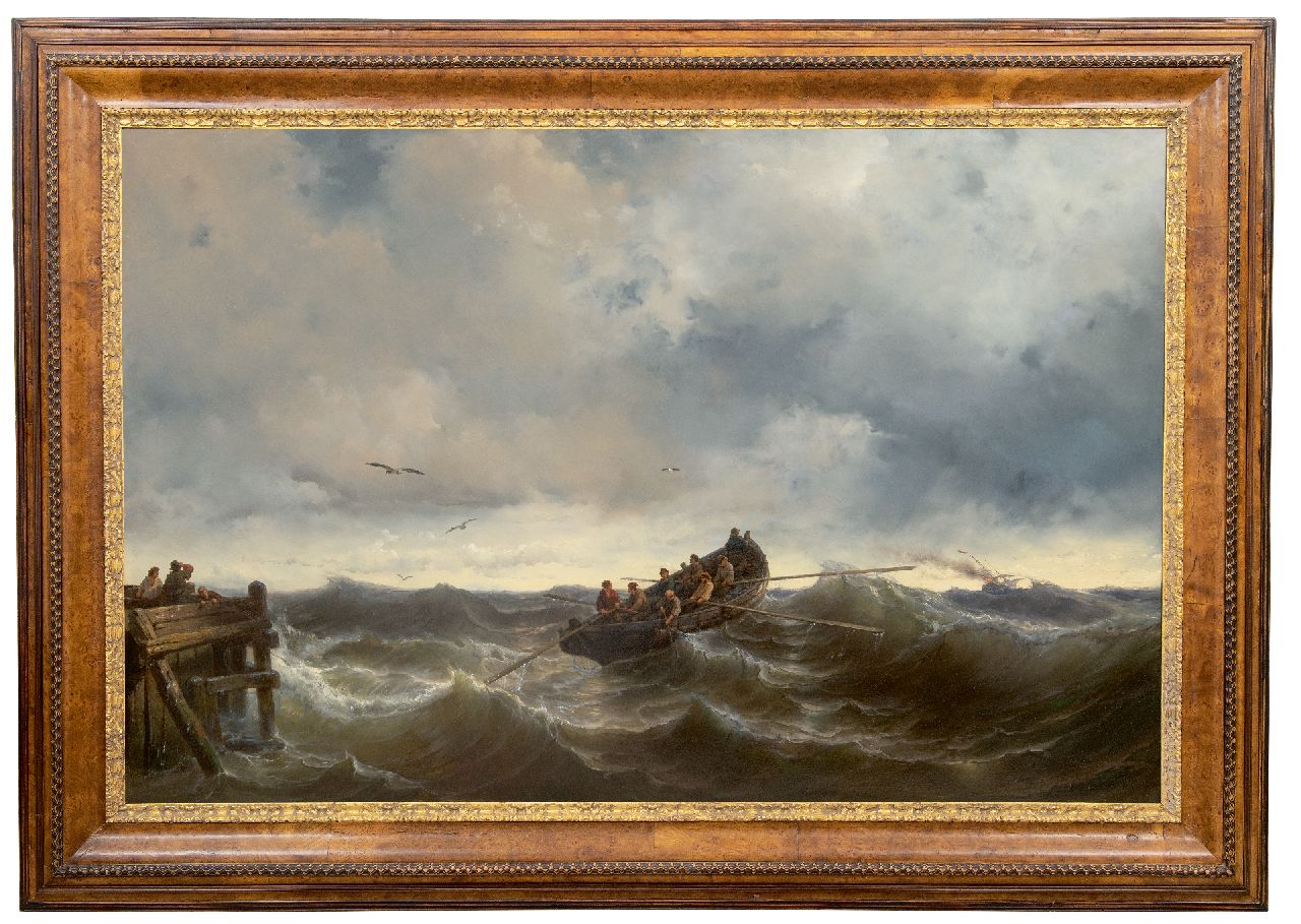 Meijer J.H.L.  | Johan Hendrik 'Louis' Meijer | Schilderijen te koop aangeboden | Uitvarende reddingssloep, olieverf op paneel 85,0 x 130,5 cm, gesigneerd rechtsonder en gedateerd 1857