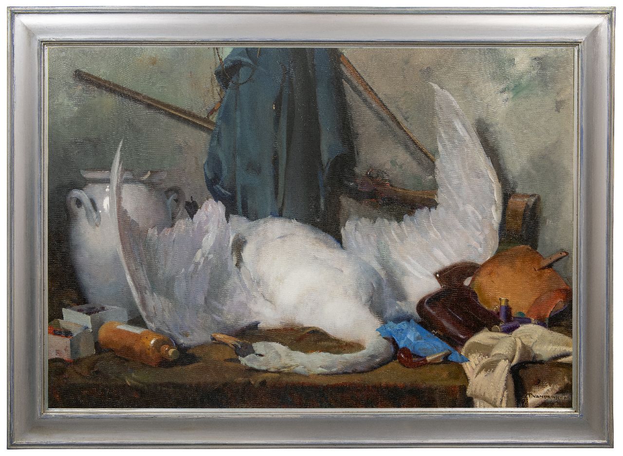 Hem P. van der | Pieter 'Piet' van der Hem | Schilderijen te koop aangeboden | Jachtstilleven met zwaan, olieverf op doek 88,4 x 122,8 cm, gesigneerd rechtsonder